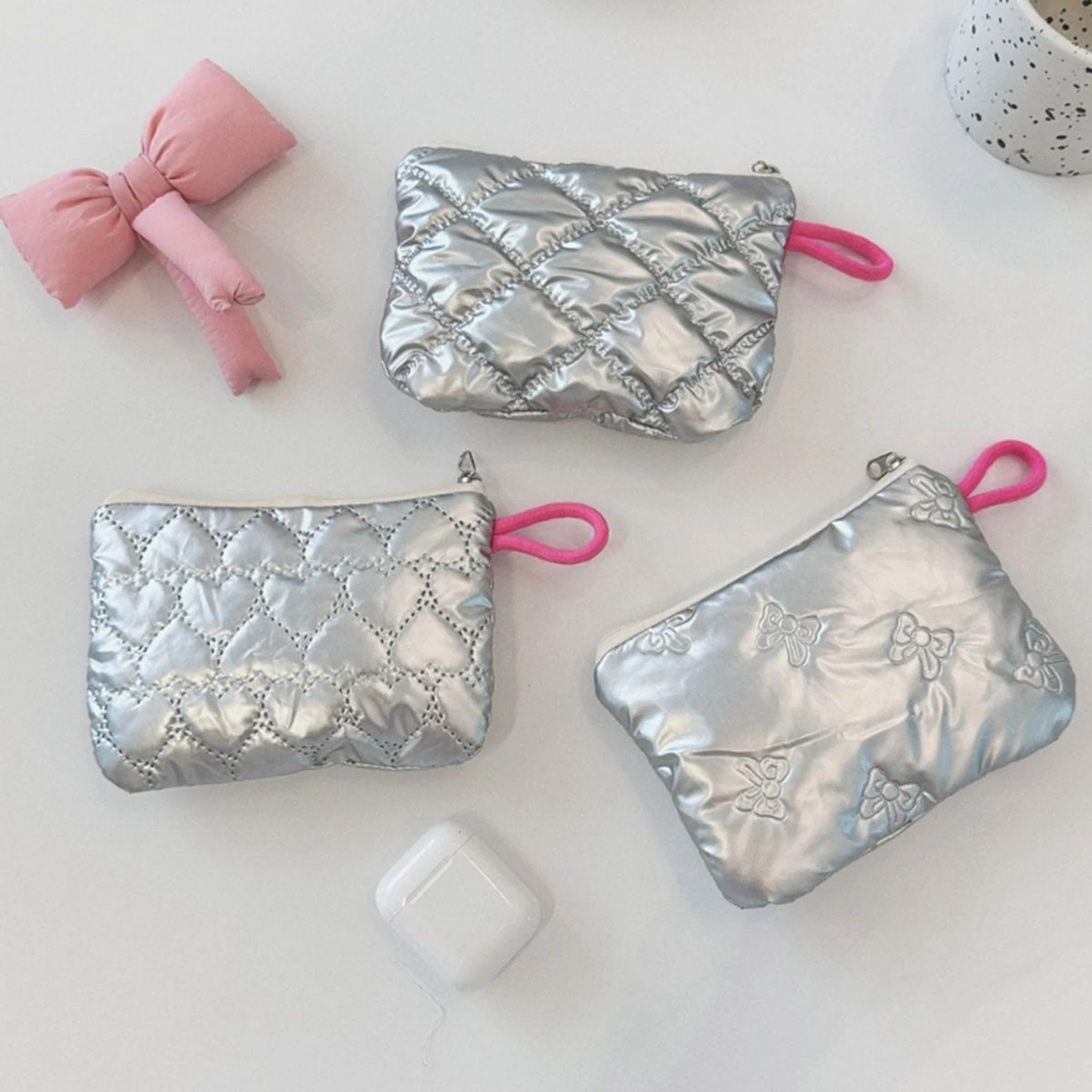 Silver Bow Canvas Coin Purse  Small Zipper Coin Wallet Pouch For Women  Girls Earphone Key Money St 3