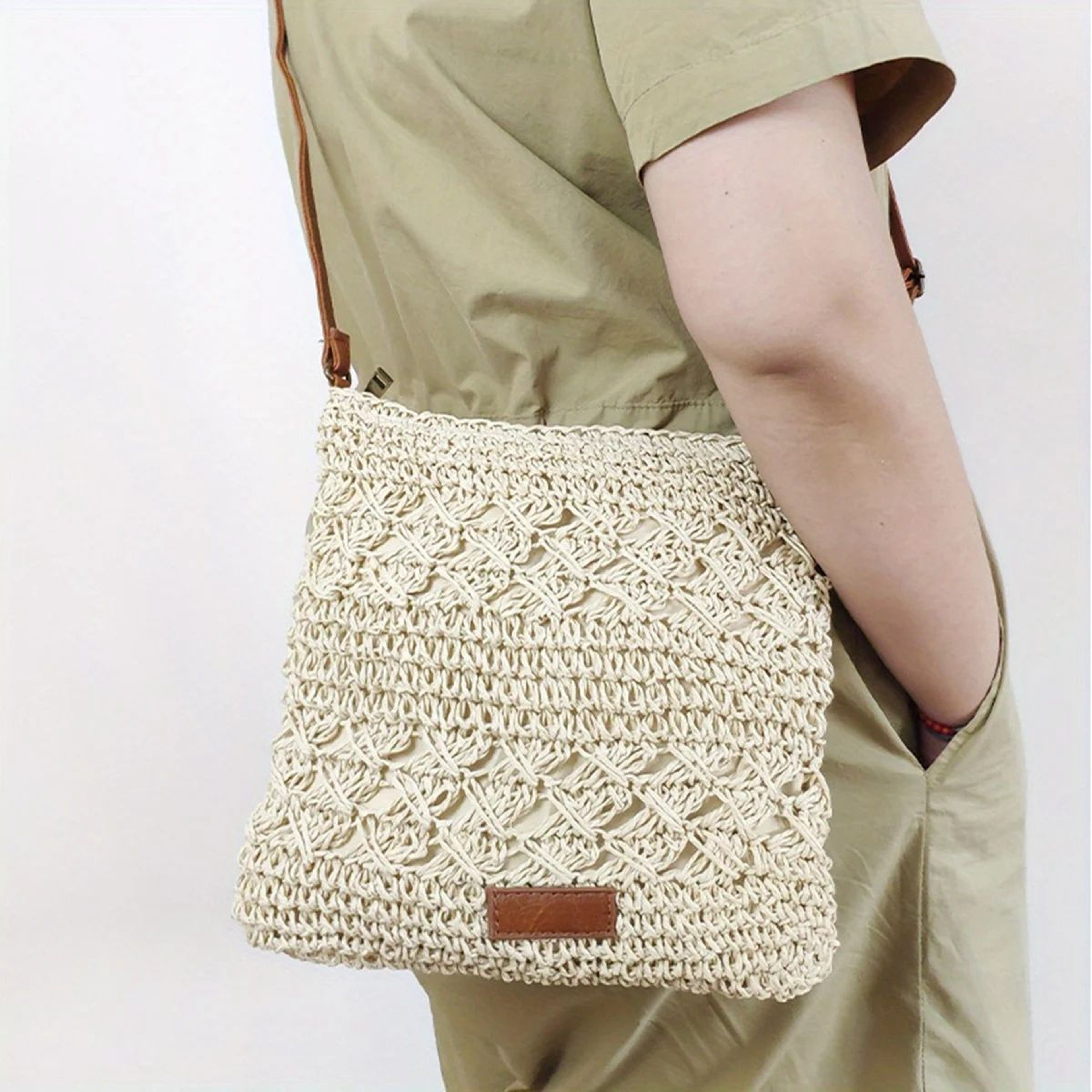 Handwoven Straw Crossbody Beach Bag  HollowOut Summer Woven Shoulder Purse Lightweight Vacation Tot 0