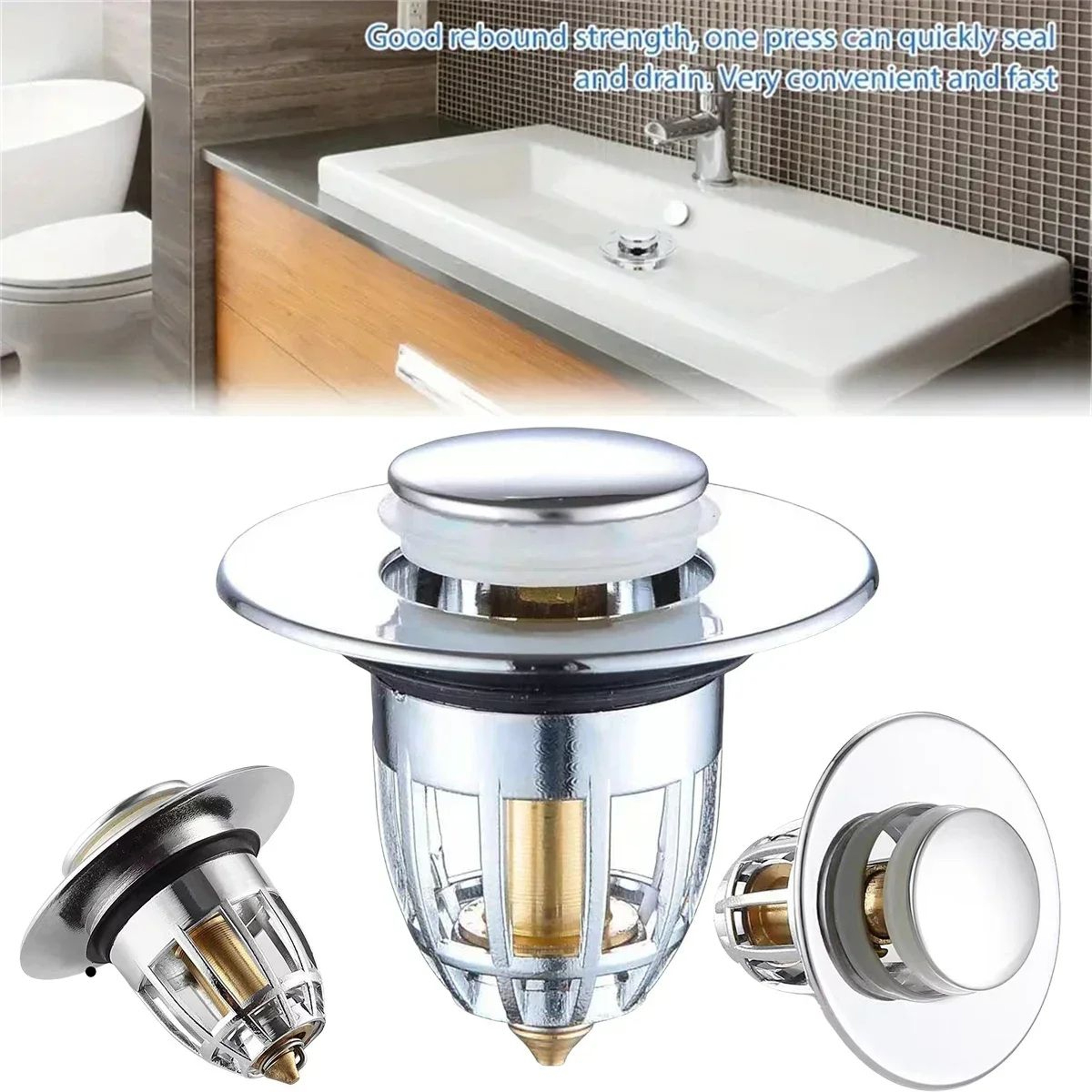 Universal PopUp Sink Drain Stopper With Hair Catcher  Chrome Rebound Basin Plug Filter For Bathroom 1