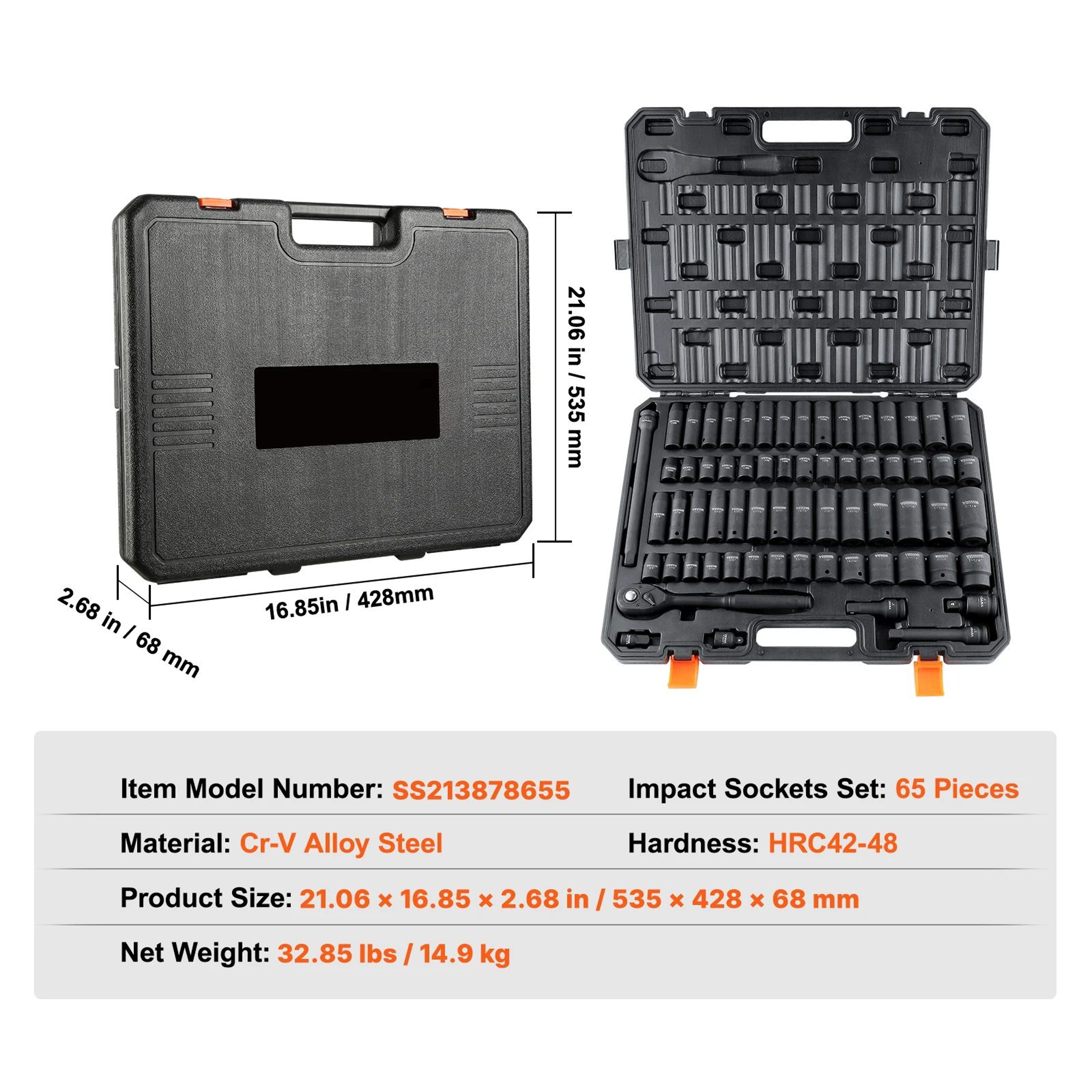 12 In Drive Impact Socket Set 6Point CrV Steel Heavy Duty Auto Repair Sockets With EasyRead Marking 6