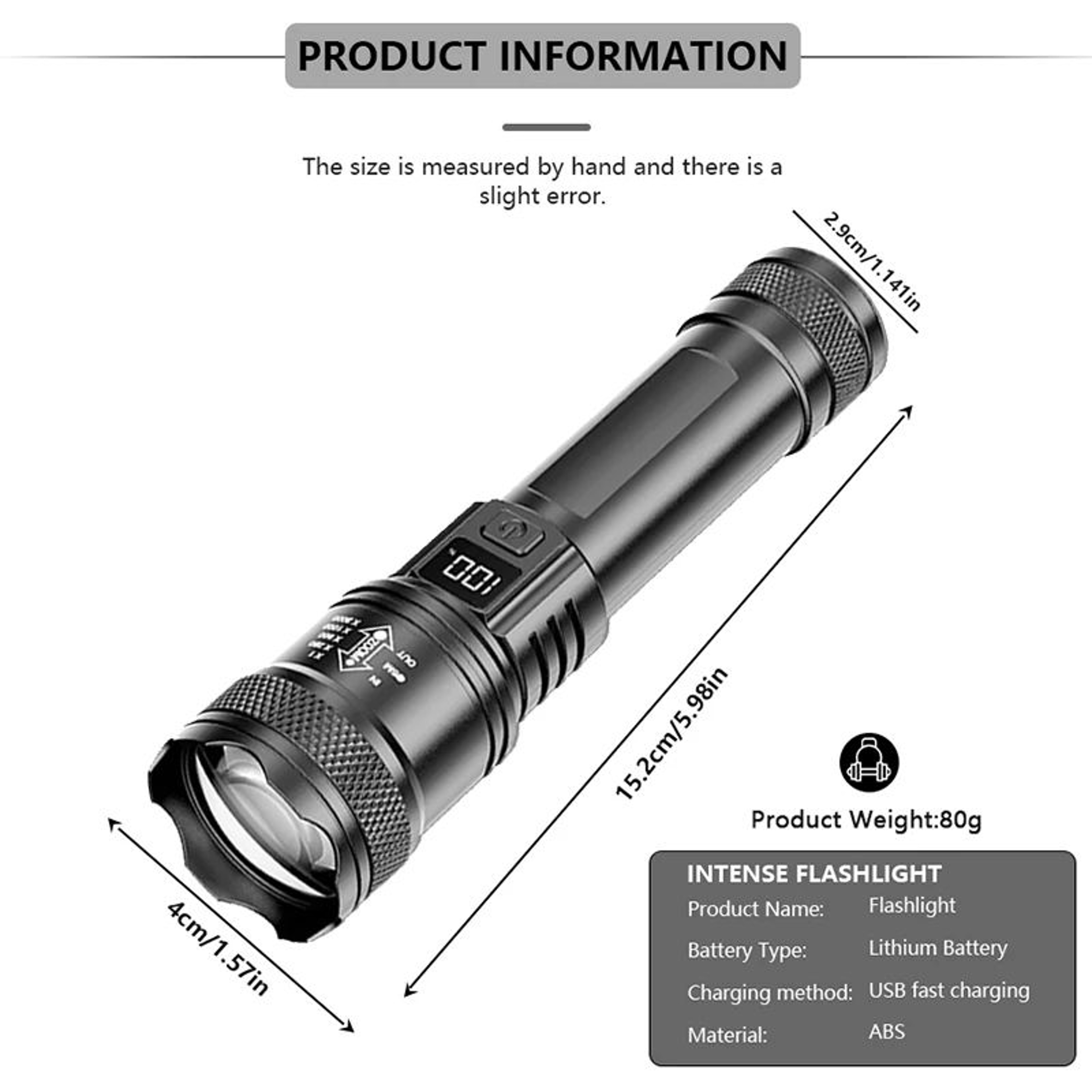 Rechargeable Zoomable LED Flashlight With LCD Power Display Waterproof High Power Torch For Camping 5