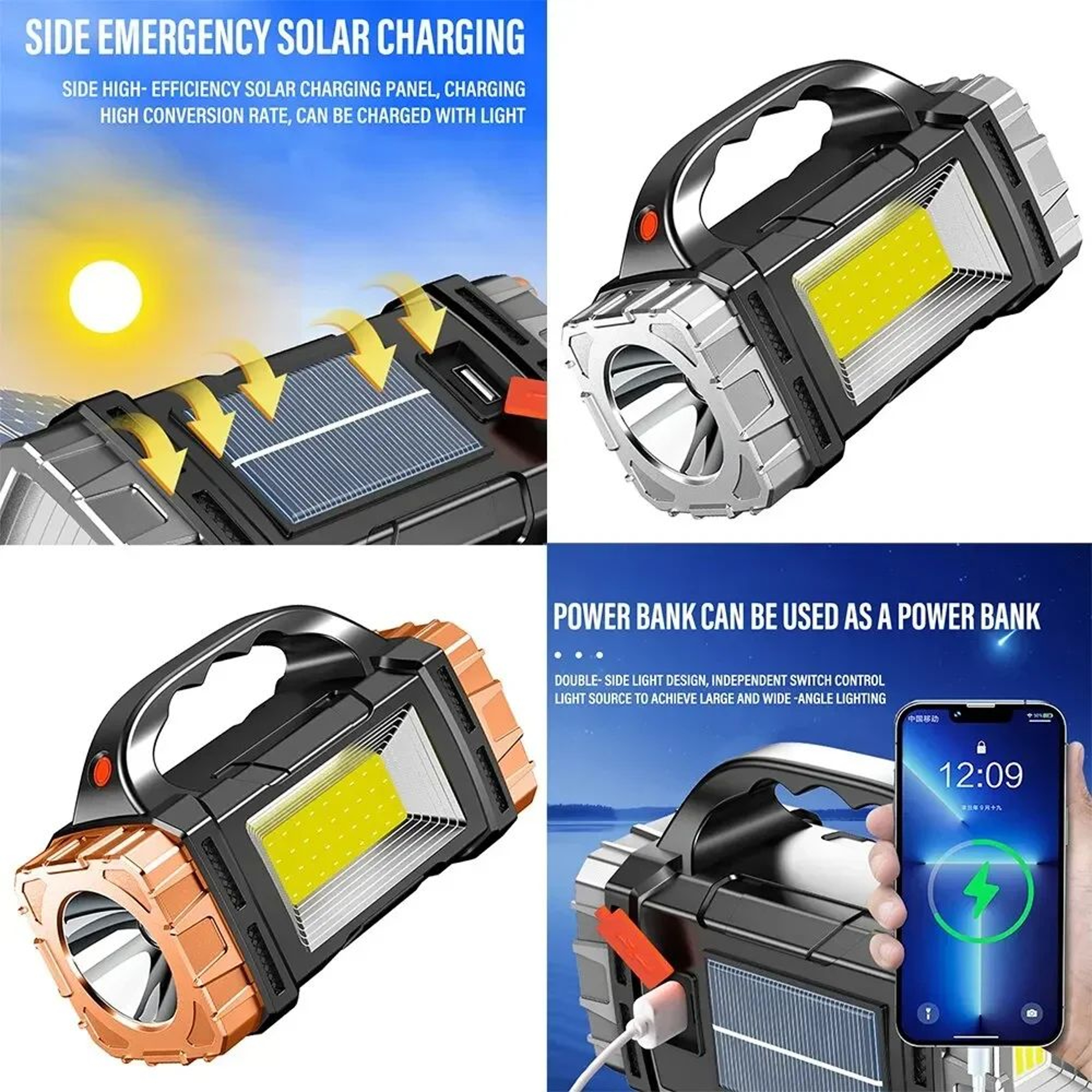 Powerful USB  Solar Rechargeable LED Flashlight  COB Camping Searchlight Torch With Power Bank Emer 1