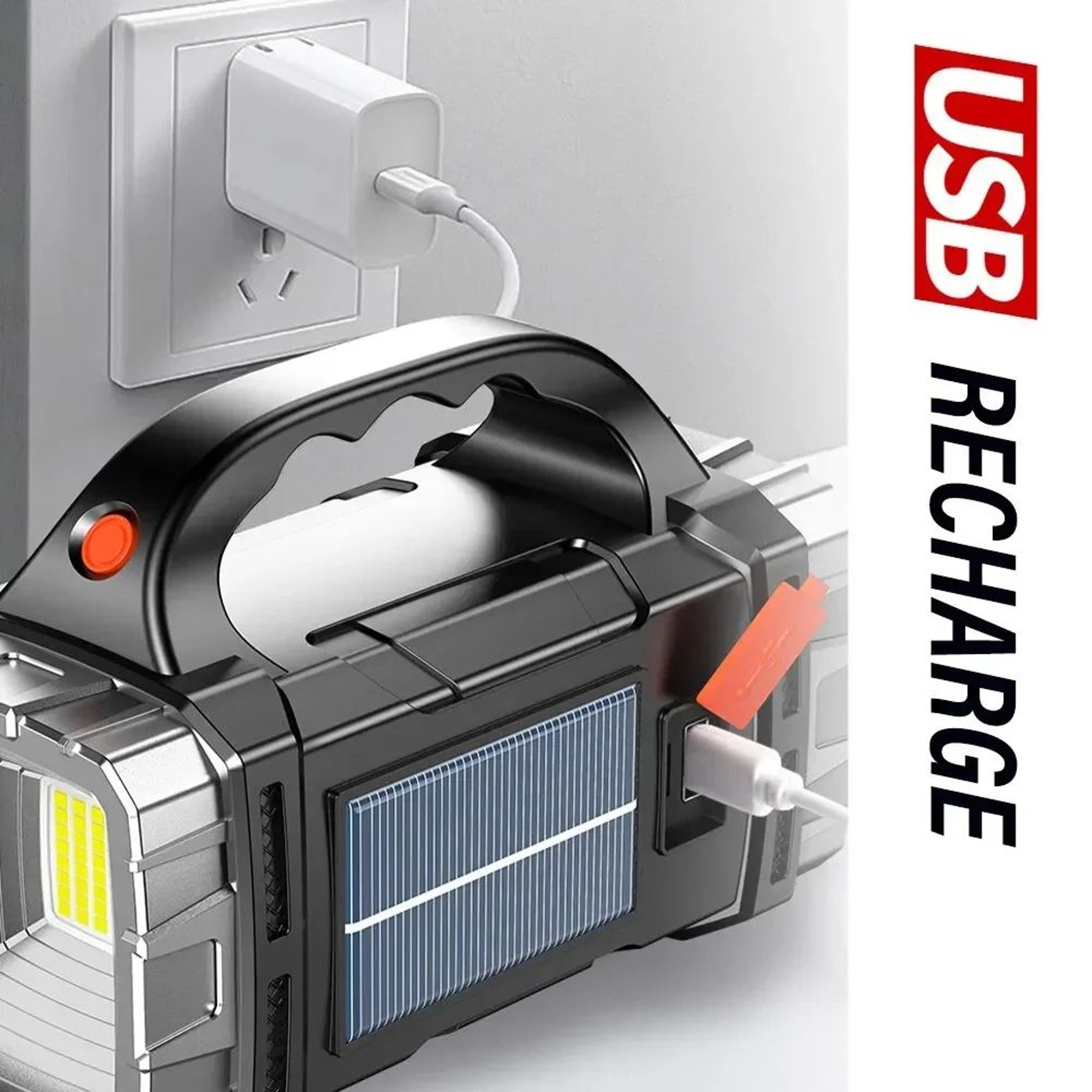 Powerful USB  Solar Rechargeable LED Flashlight  COB Camping Searchlight Torch With Power Bank Emer 3