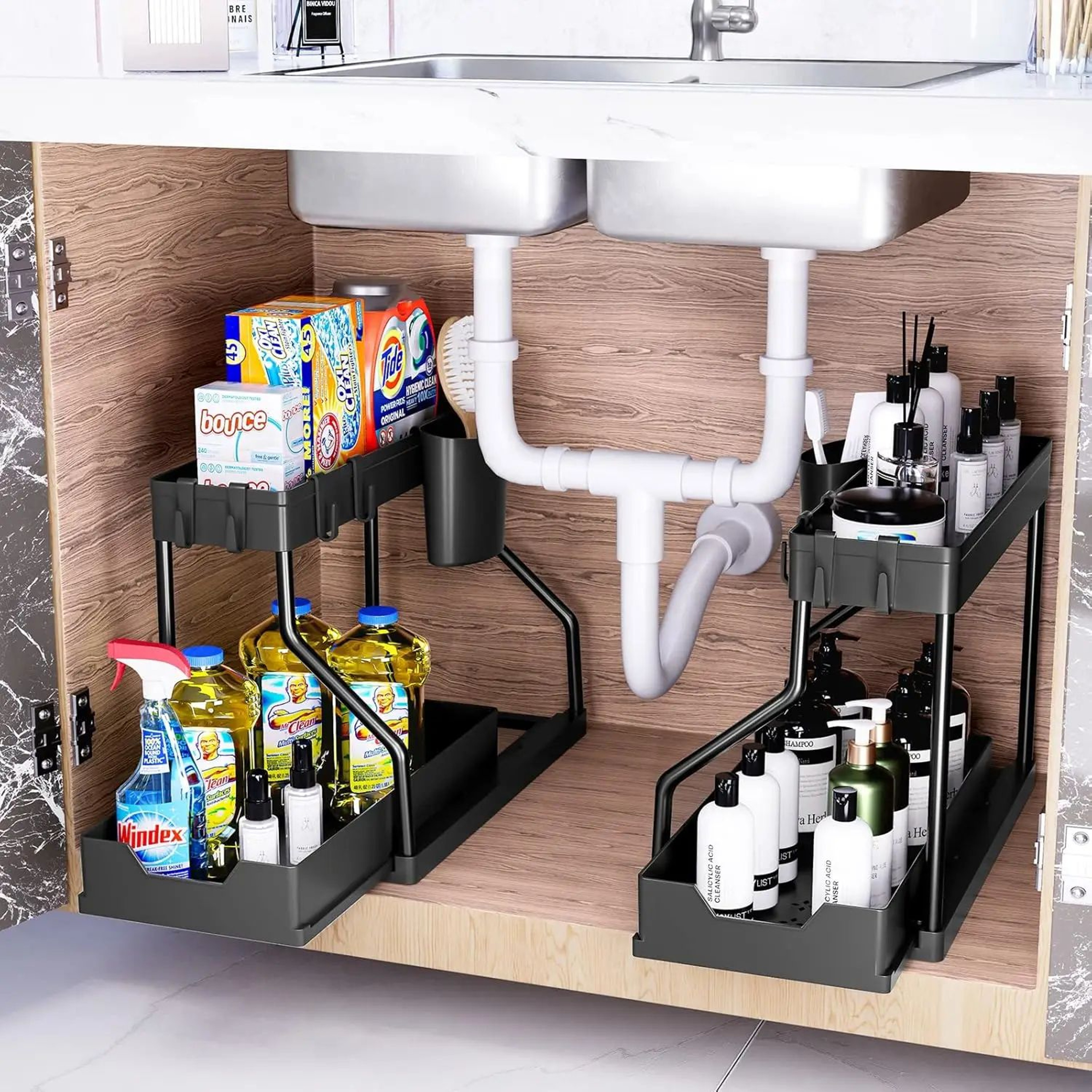 Under Sink Storage Organizer With Dual Slide Drawers PullOut Cabinet Shelf Rack For Kitchen  Bathro 1