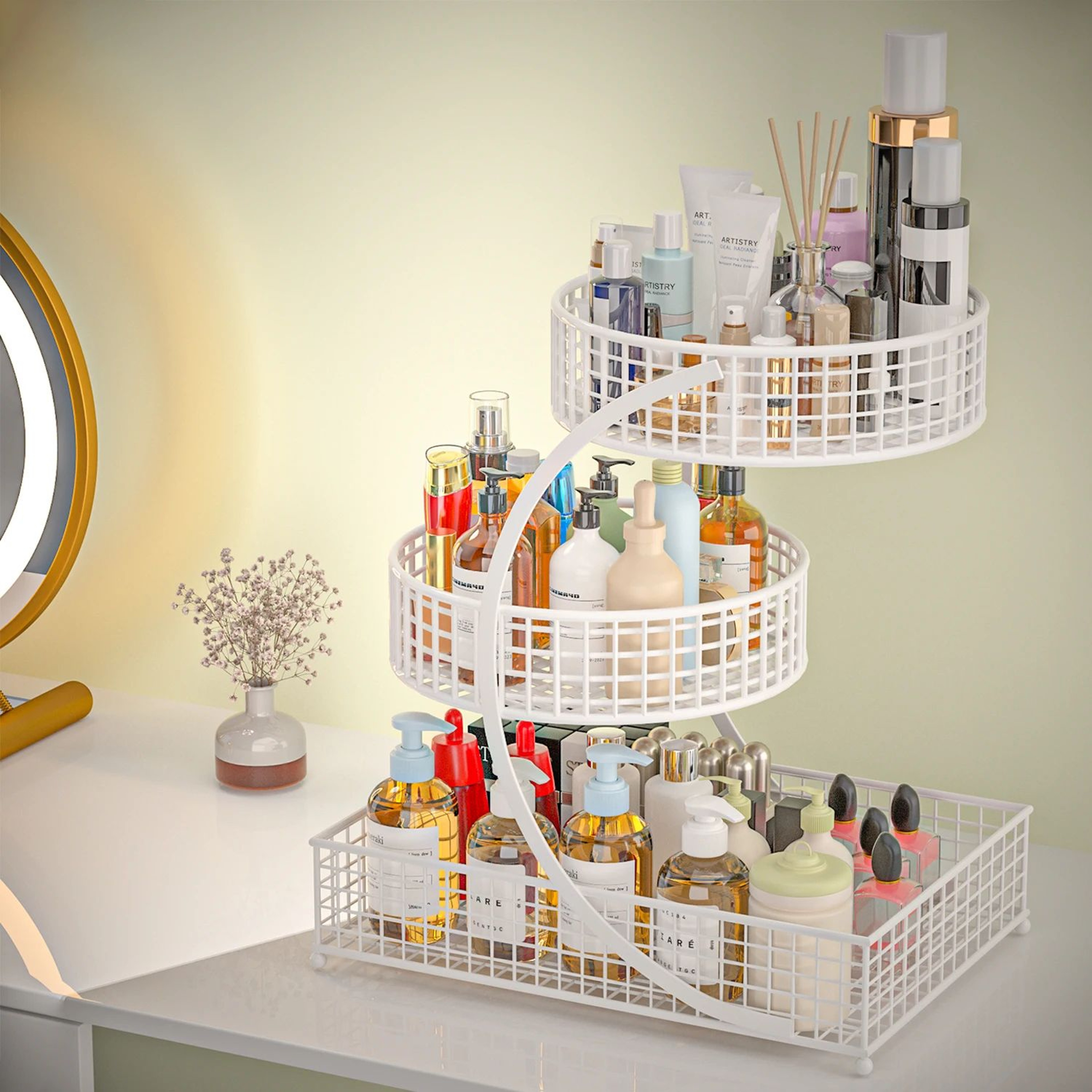 3Tier Round Metal Storage Rack  No Assembly Fruit Basket  Cosmetic Organizer For Kitchen Countertop 5