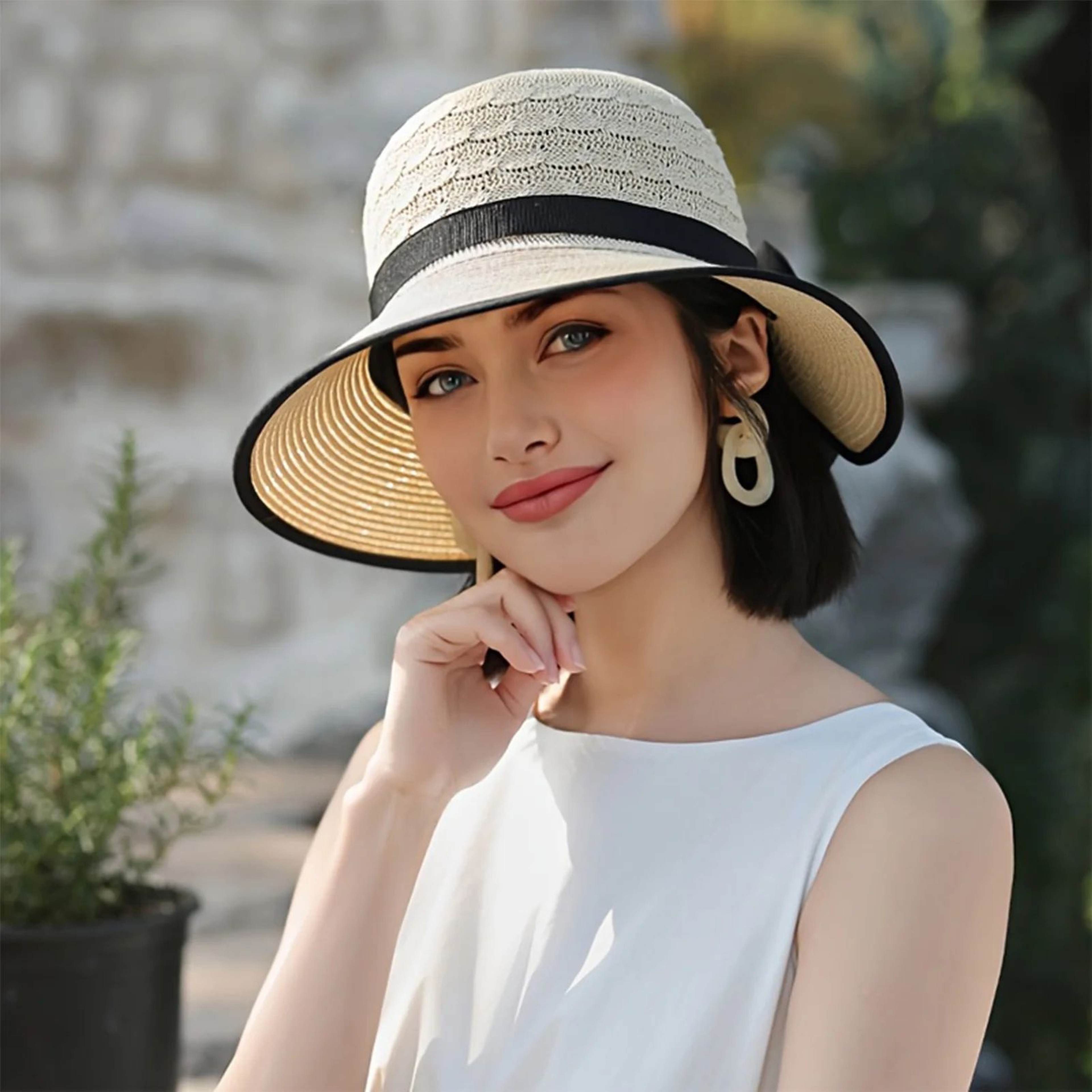 Summer Beach Straw Sun Hat With French Bowknot Breathable Elegant Wide Brim Hat For Travel Outdoor  2