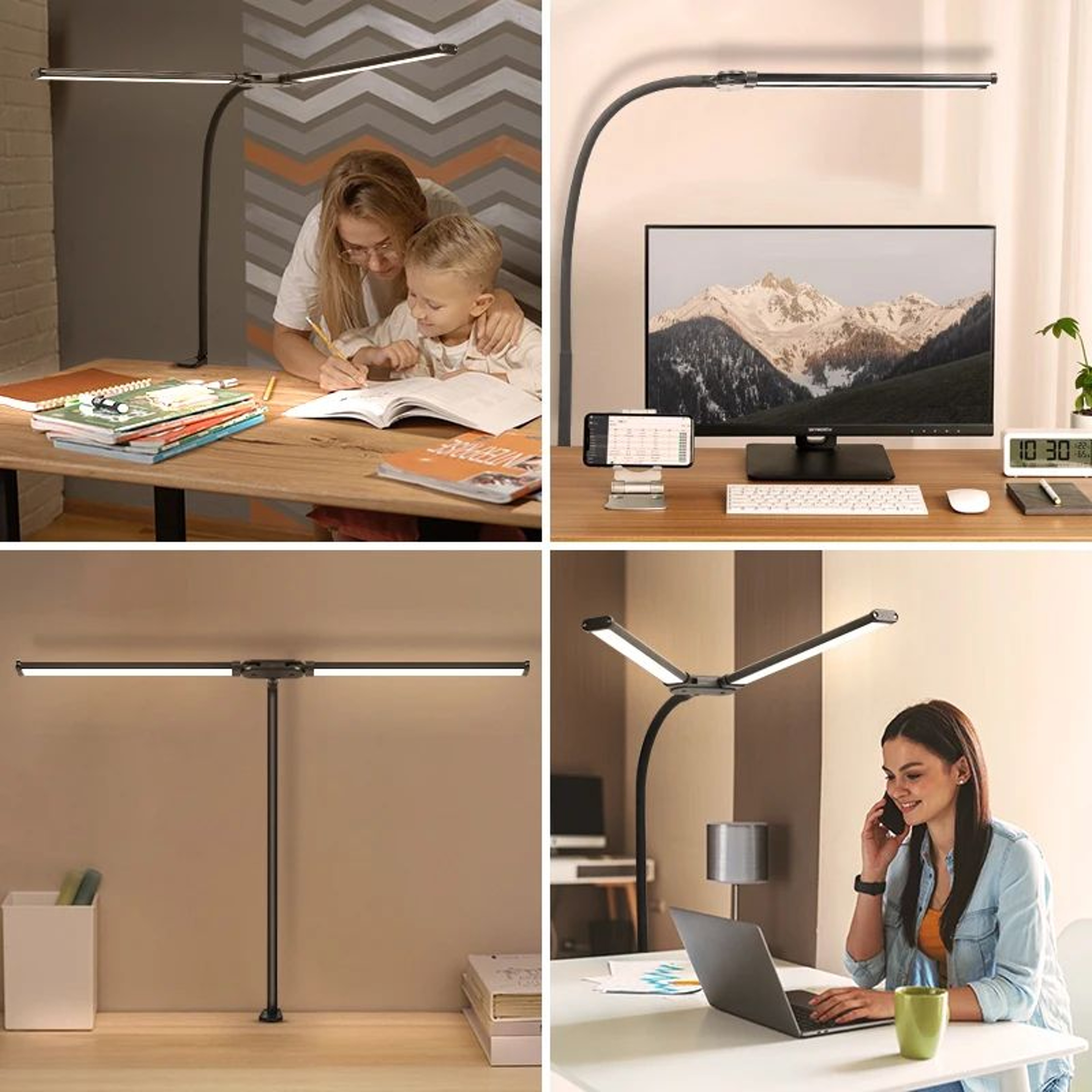 Double Head LED Desk Lamp USB Powered Stepless Dimmable Monitor Light For Office Study Reading Comp 4