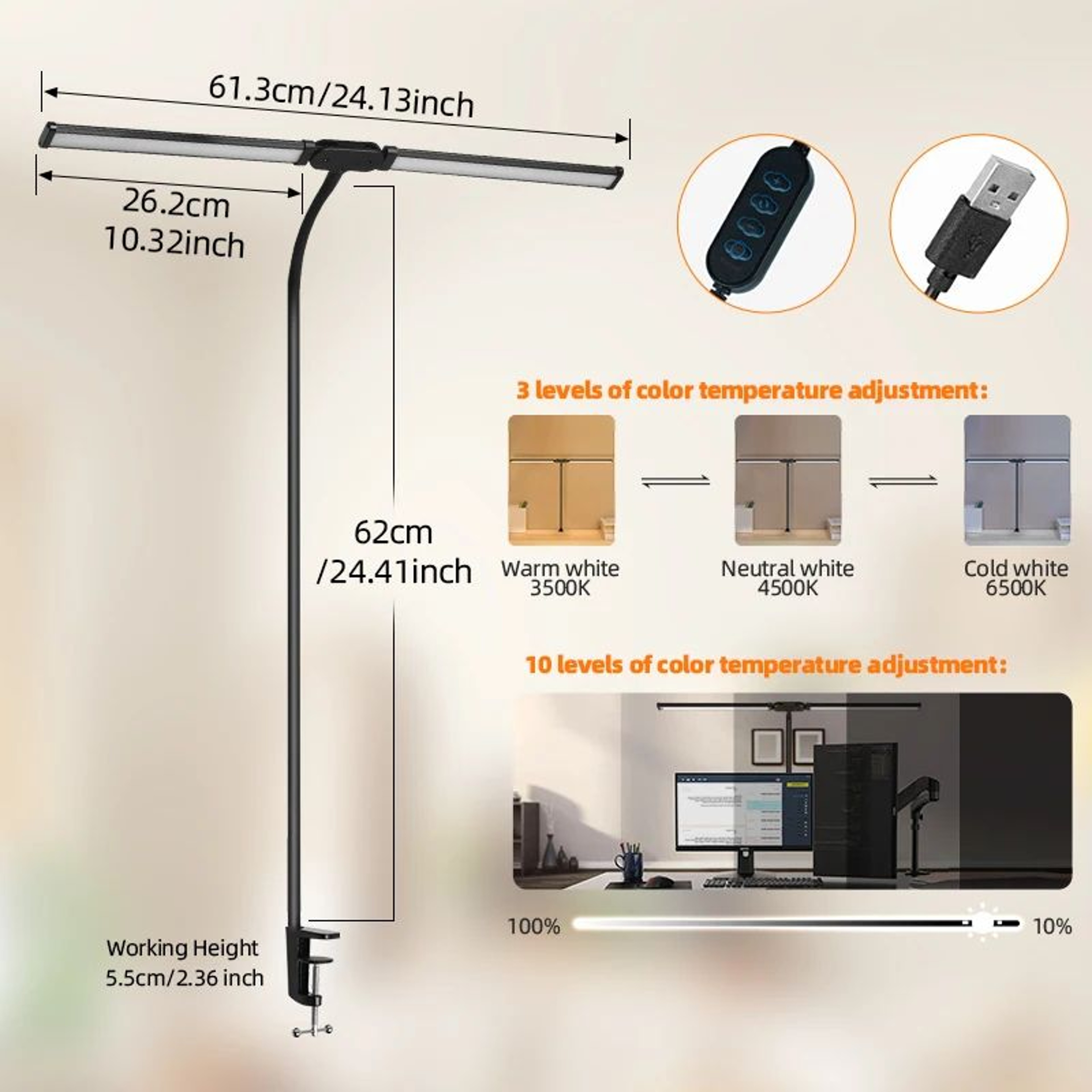 Double Head LED Desk Lamp USB Powered Stepless Dimmable Monitor Light For Office Study Reading Comp 6