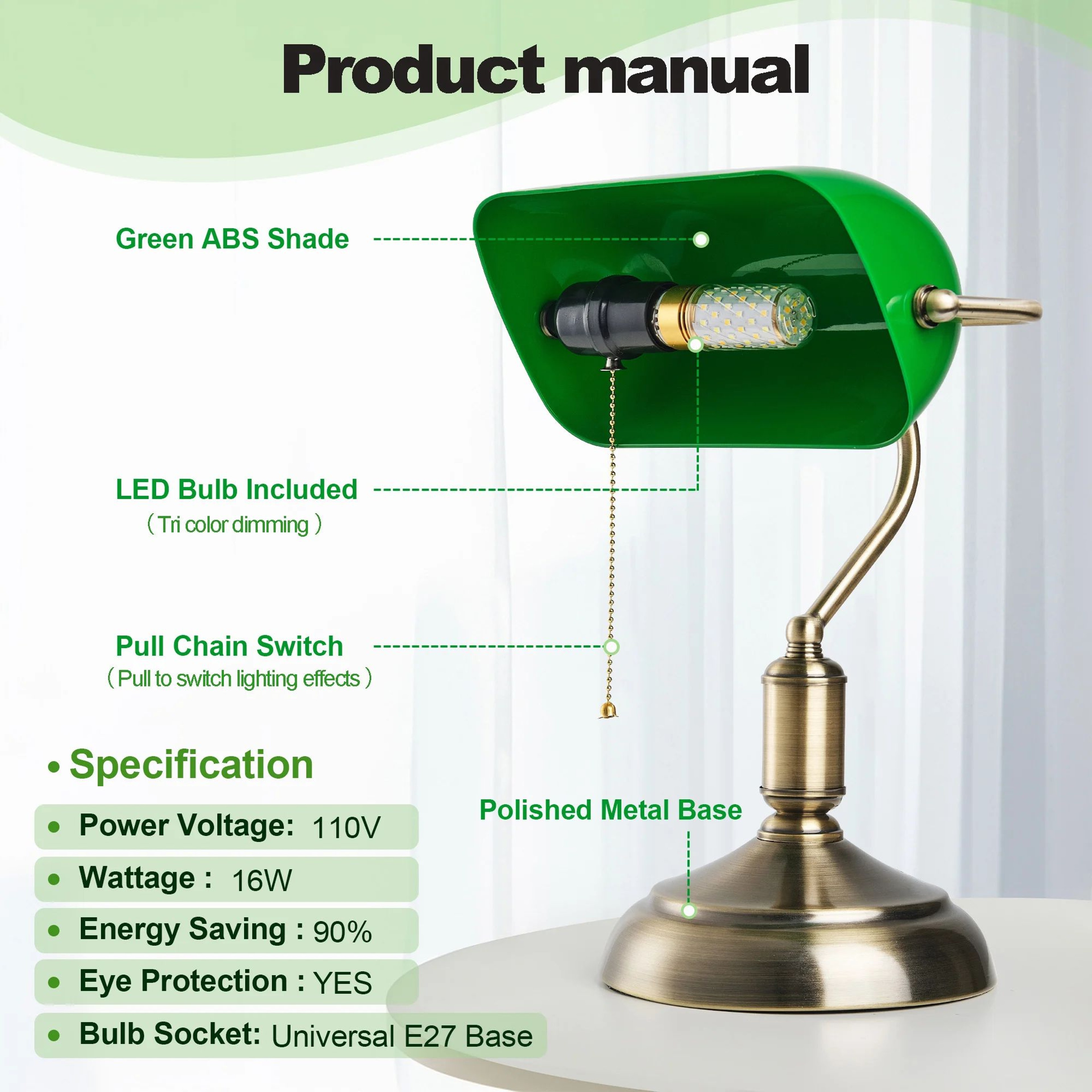 Classic Green Bankers Desk Lamp LED Reading Table Light With Acrylic Shade Vintage Study Lamp For H 11