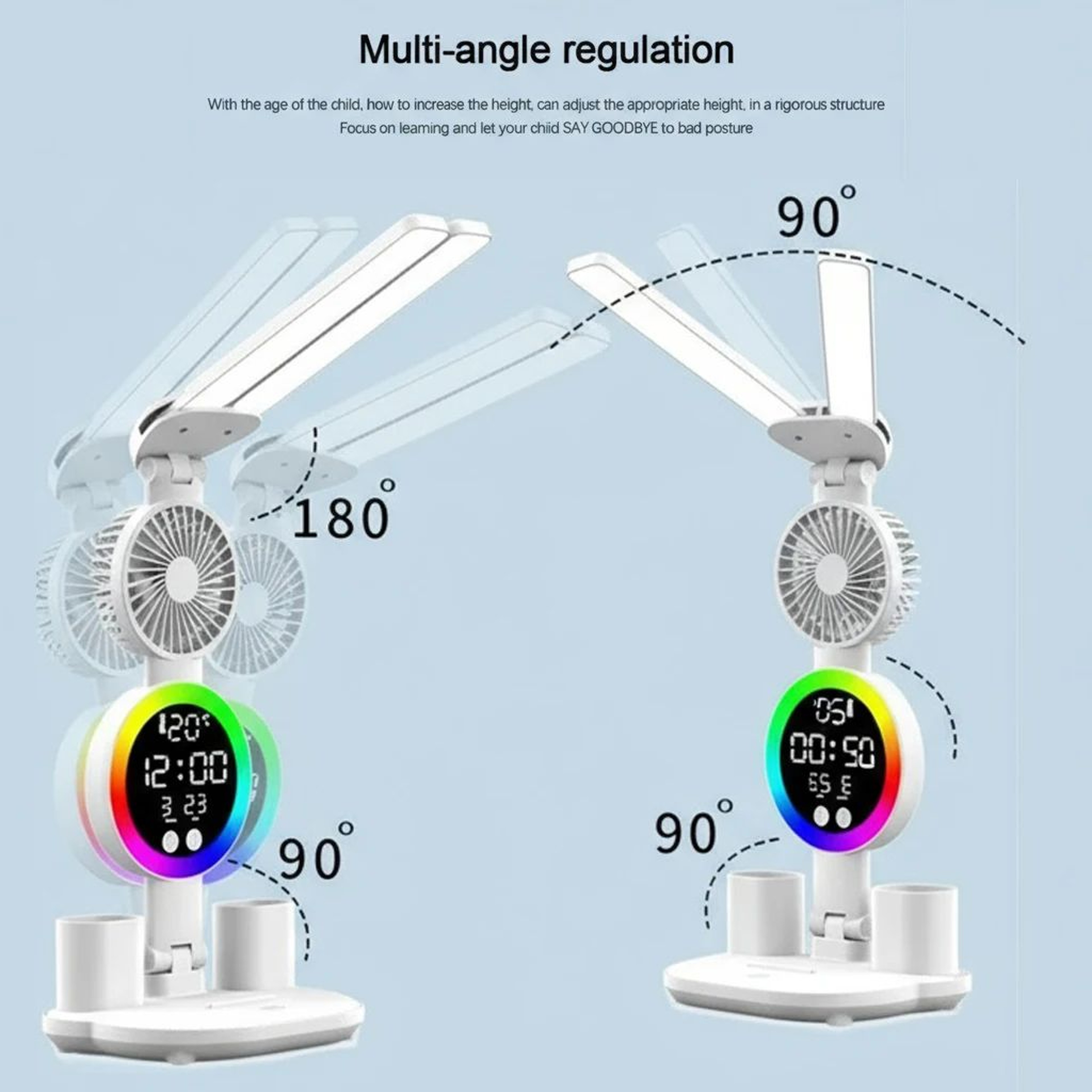 LED Desk Lamp With Fan  Clock Display Adjustable Brightness Reading Light For Study Night Light For 1