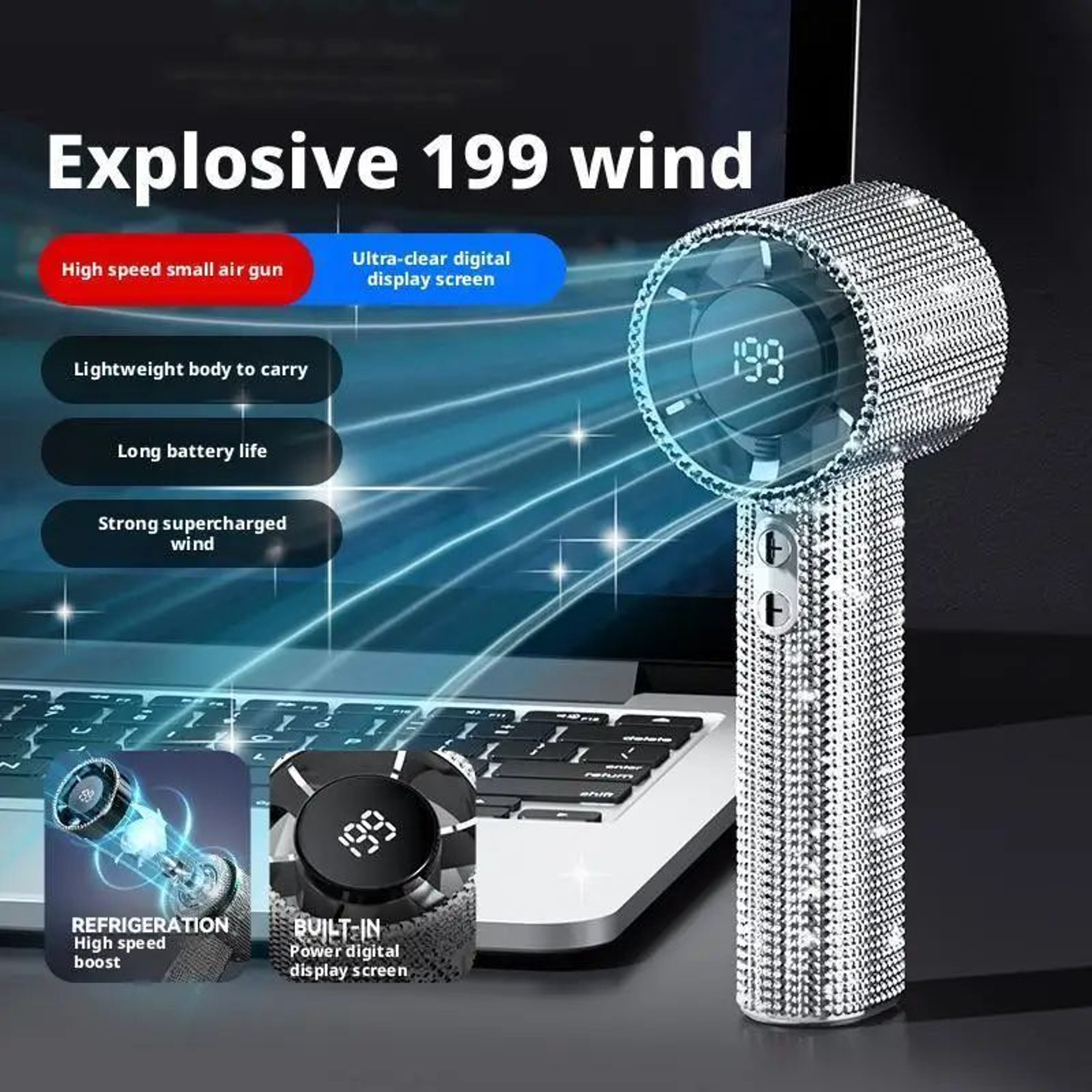 DiamondStudded Portable Mini Handheld Fan W Digital Display  Silent HighSpeed Motor Rechargeable Su 4