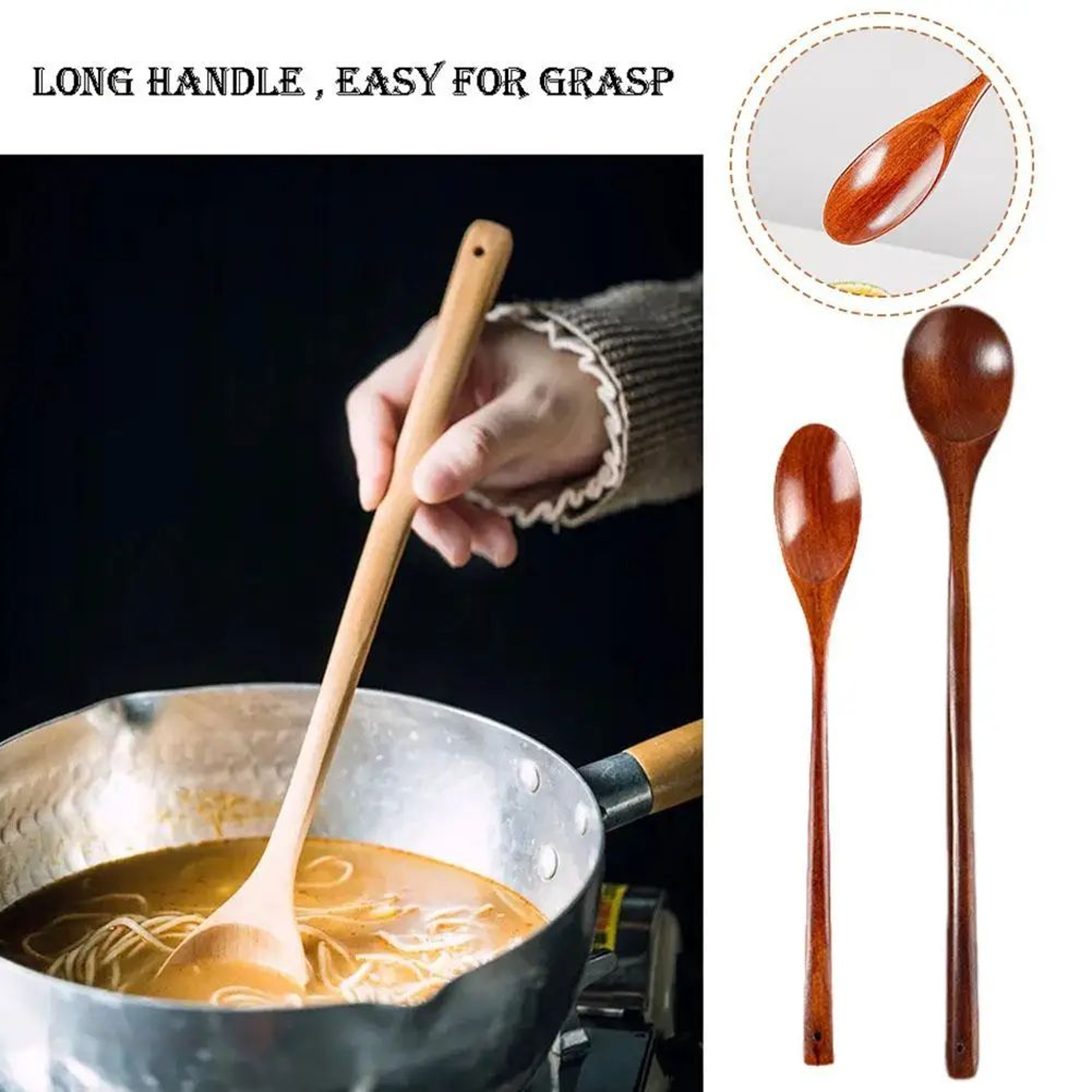Long Handle Natural Wooden Spoon  Durable Soup Ladle Scoop For Cooking Stirring Coffee  Dessert Kit 2