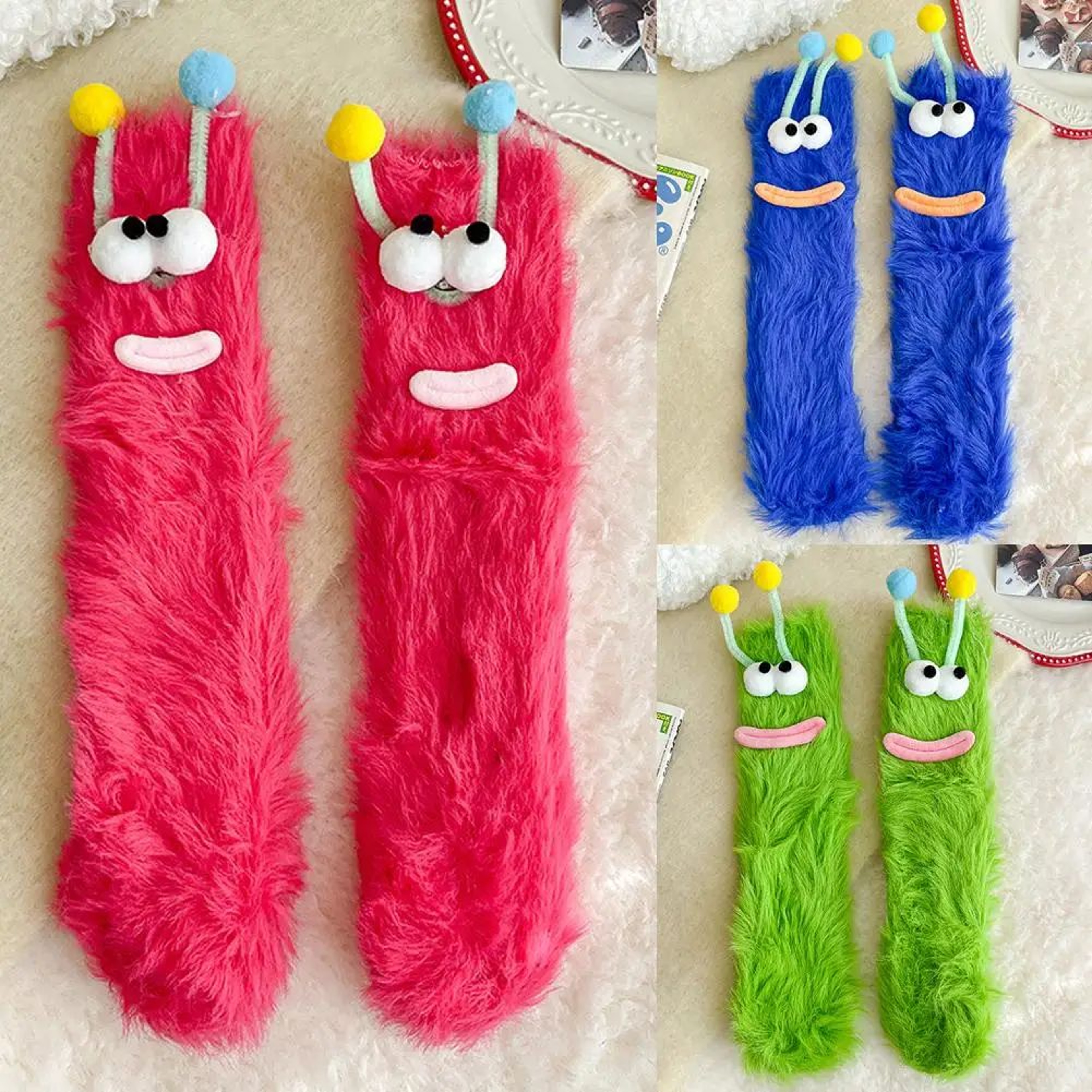 Funny Monster Fuzzy Socks Thick Coral Fleece Warm Floor Socks With Big Eyes Cute Cozy Winter Gift   0