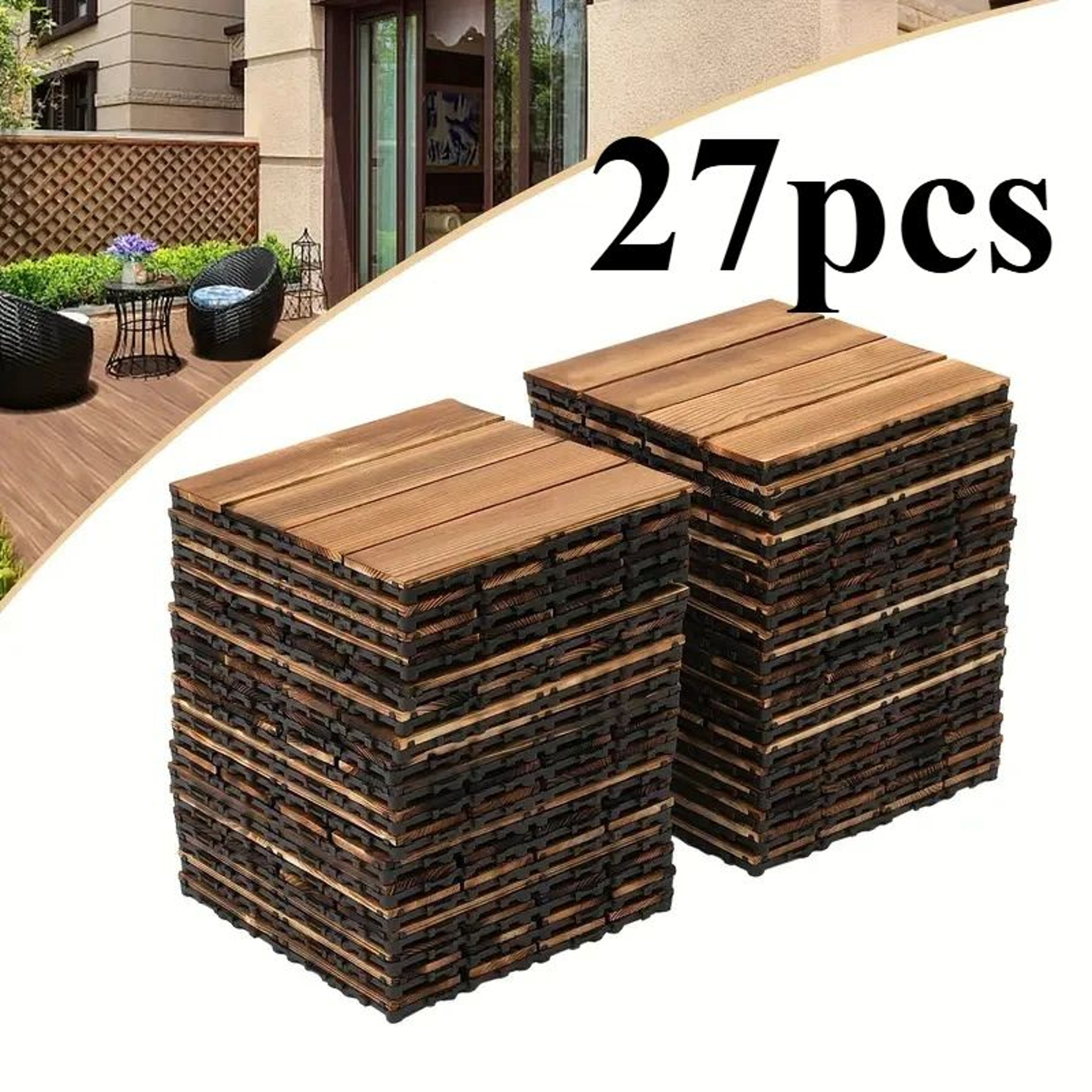 27 Pcs Interlocking Solid Wood Deck Tiles  DIY Outdoor Flooring For Patio Garden Terrace  Poolside  0