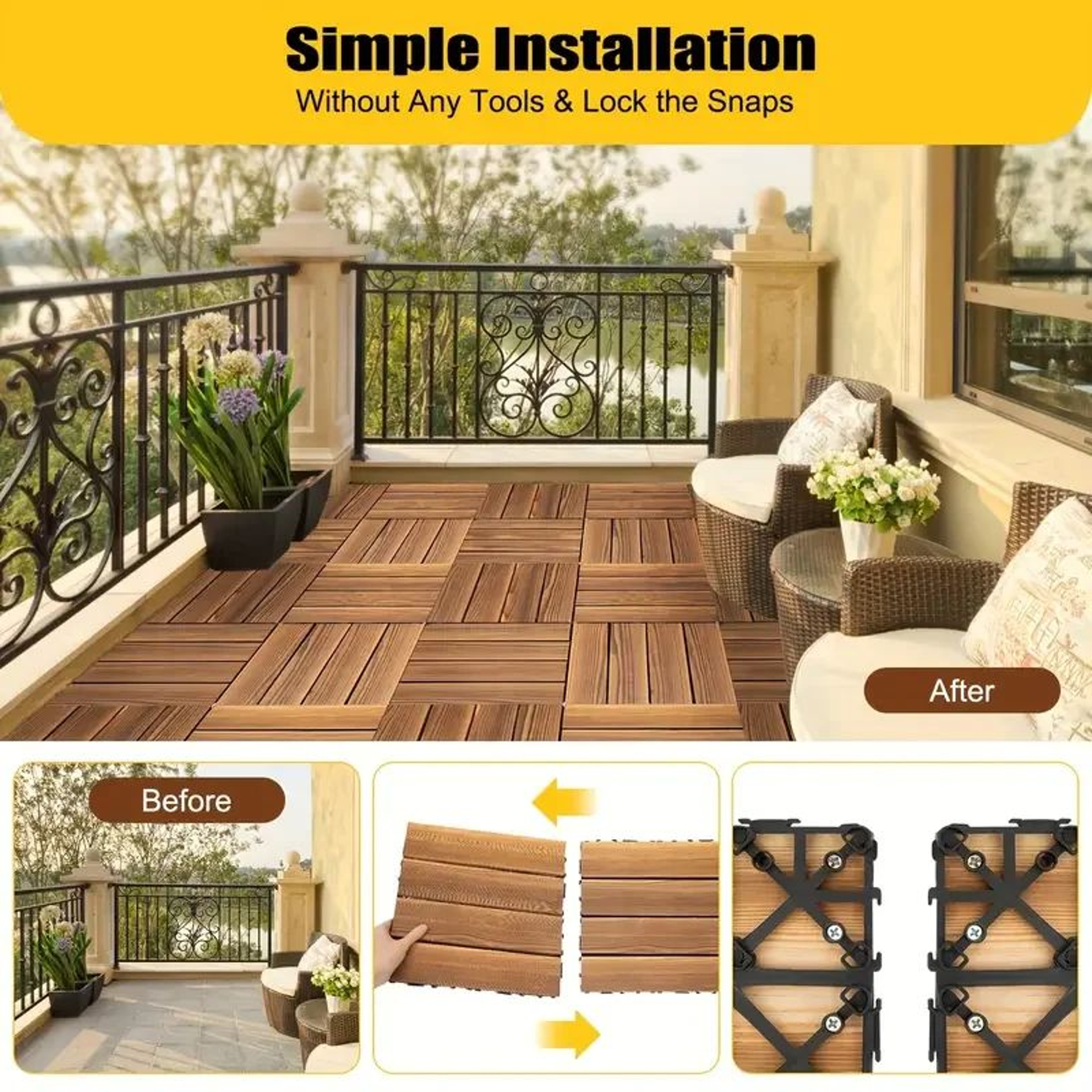 27 Pcs Interlocking Solid Wood Deck Tiles  DIY Outdoor Flooring For Patio Garden Terrace  Poolside  4