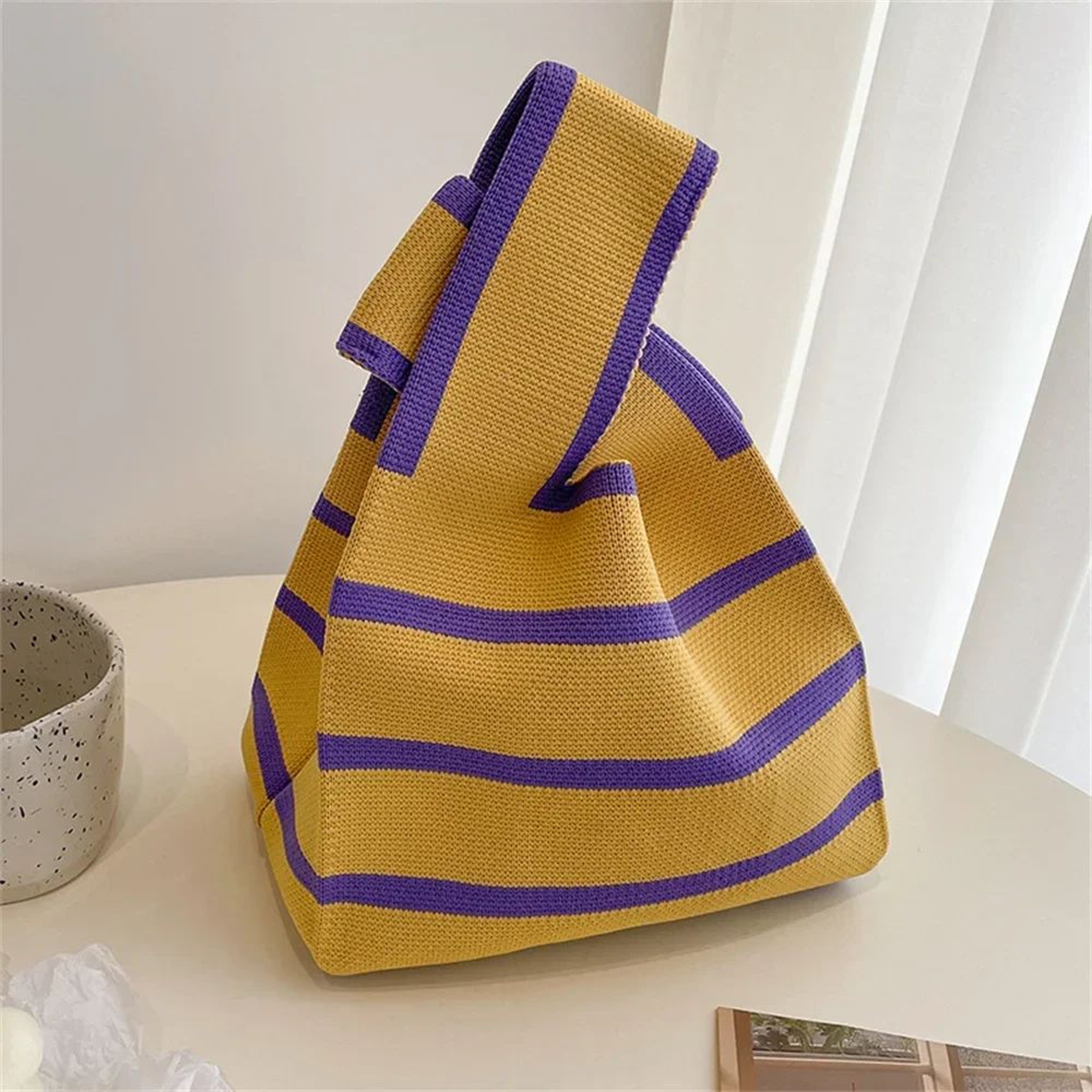 Womens Knitted Stripe Tote Handbag  Reusable Mini Shoulder  Wrist Bag For Students Casual EcoFriend 6