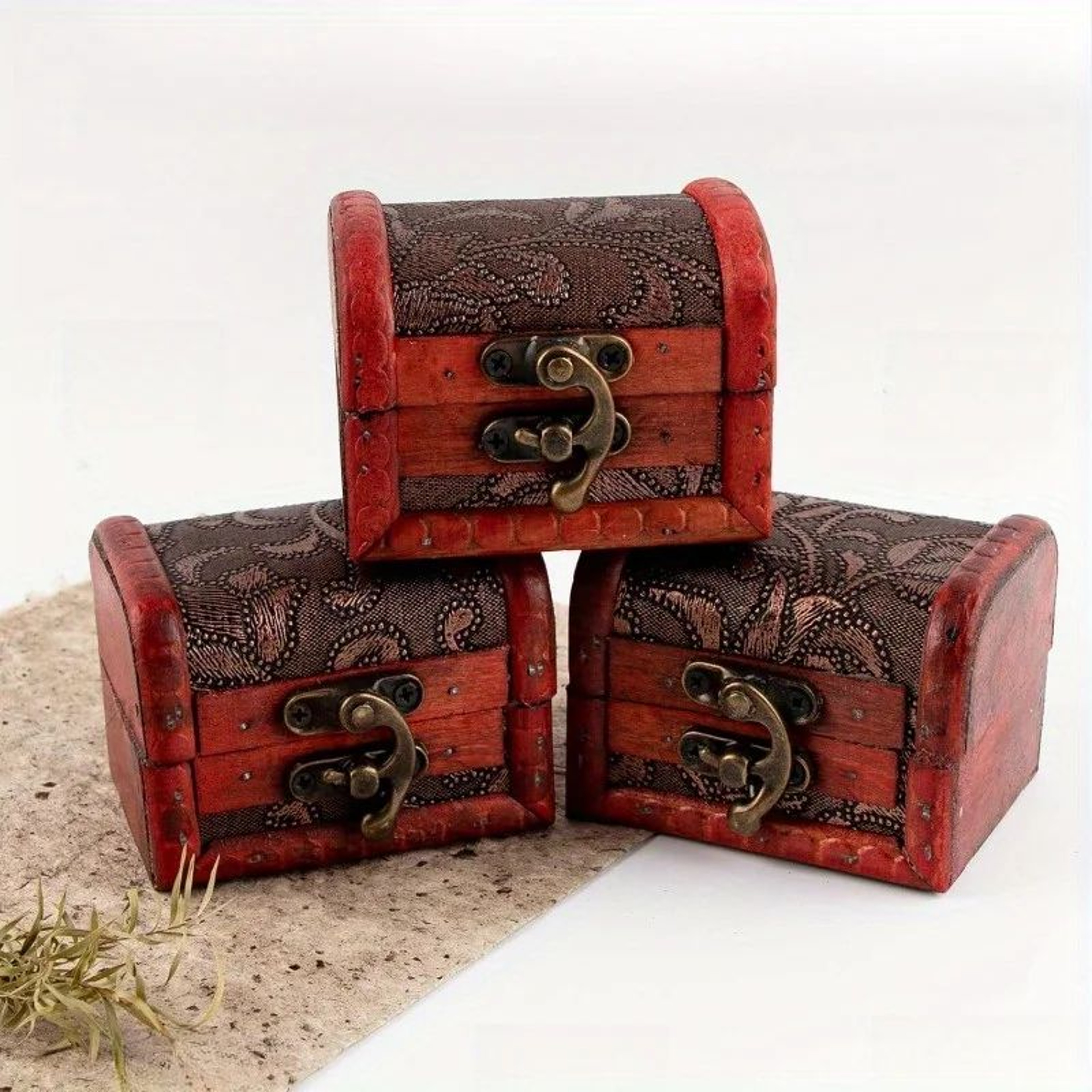6 Pcs Vintage Wooden Jewelry Boxes W Lock  Mini Treasure Chest Ring  Keepsake Storage Stackable Red 0