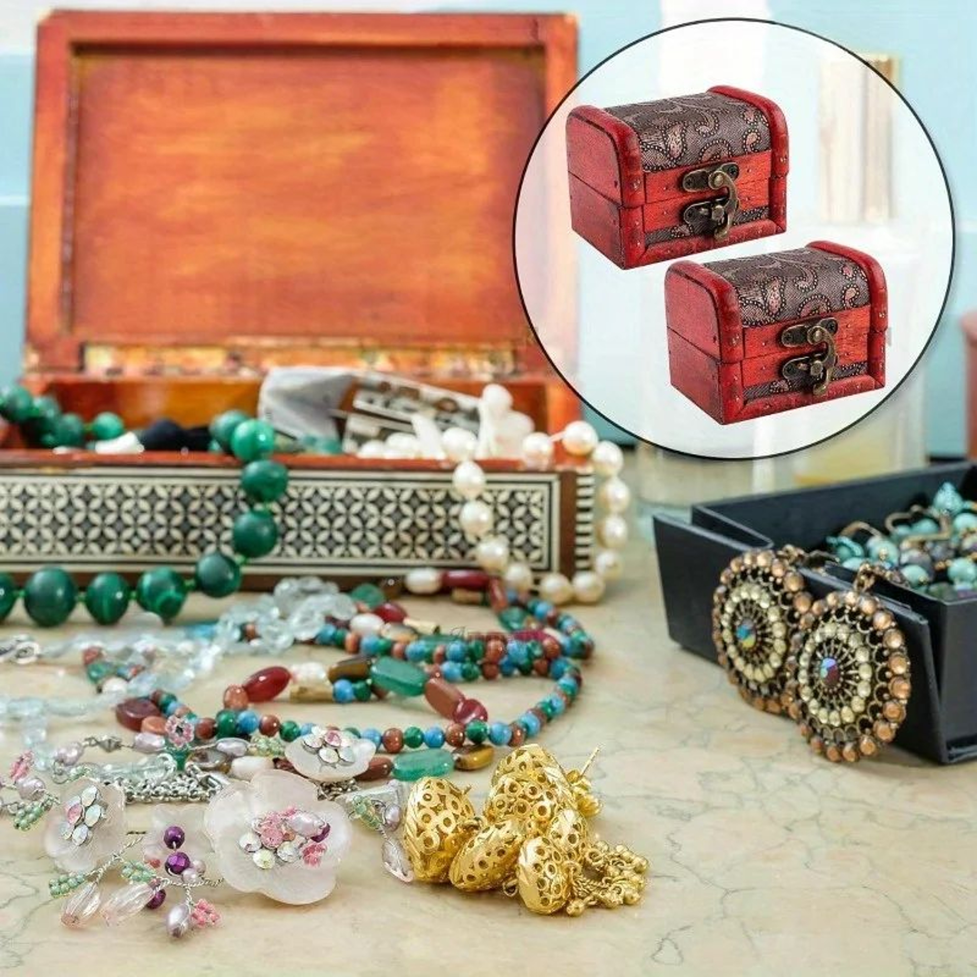 6 Pcs Vintage Wooden Jewelry Boxes W Lock  Mini Treasure Chest Ring  Keepsake Storage Stackable Red 3