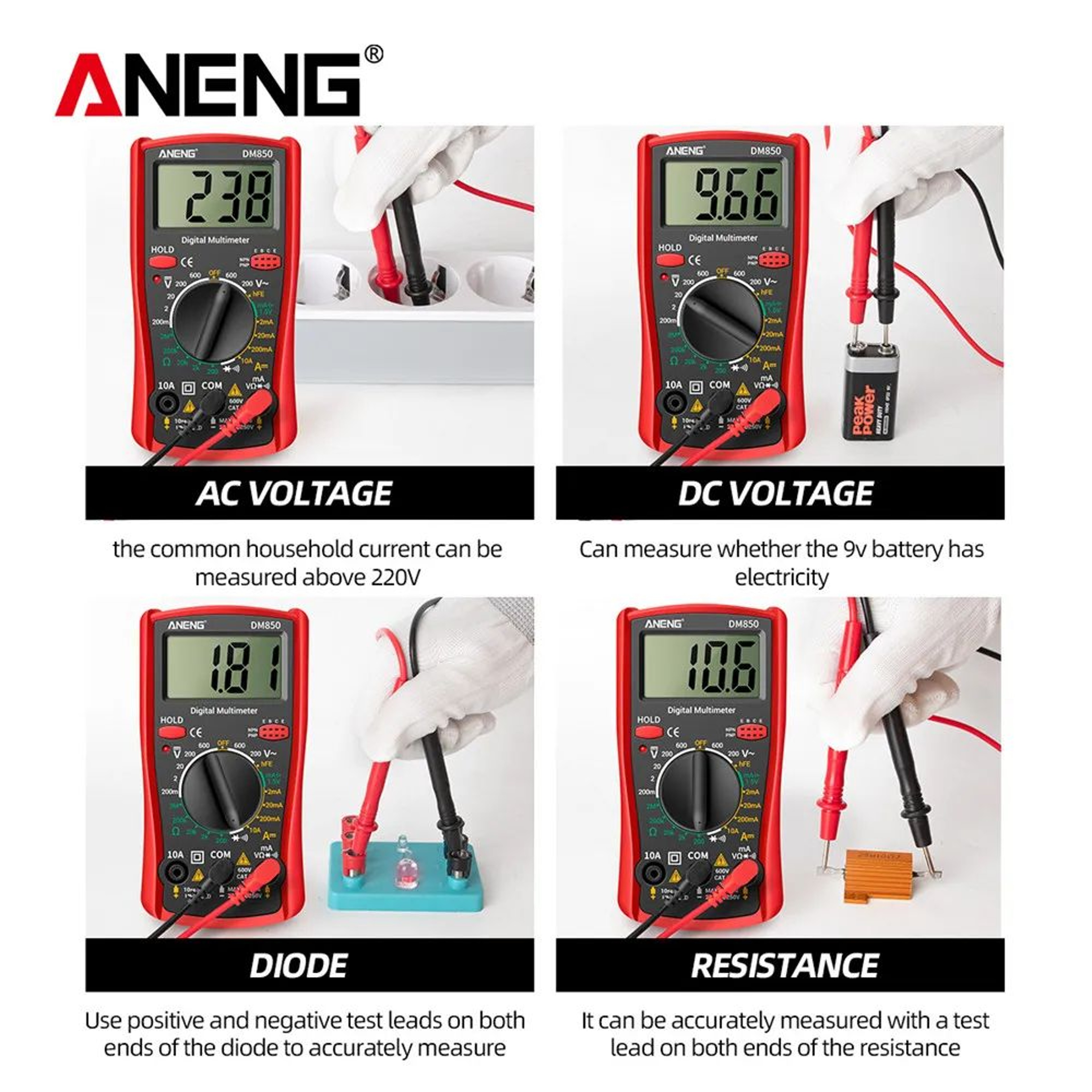 ANENG DM850 1999Count Digital Multimeter ACDC Voltage Tester Ohm  Diode Meter 10A Ammeter Compact 2