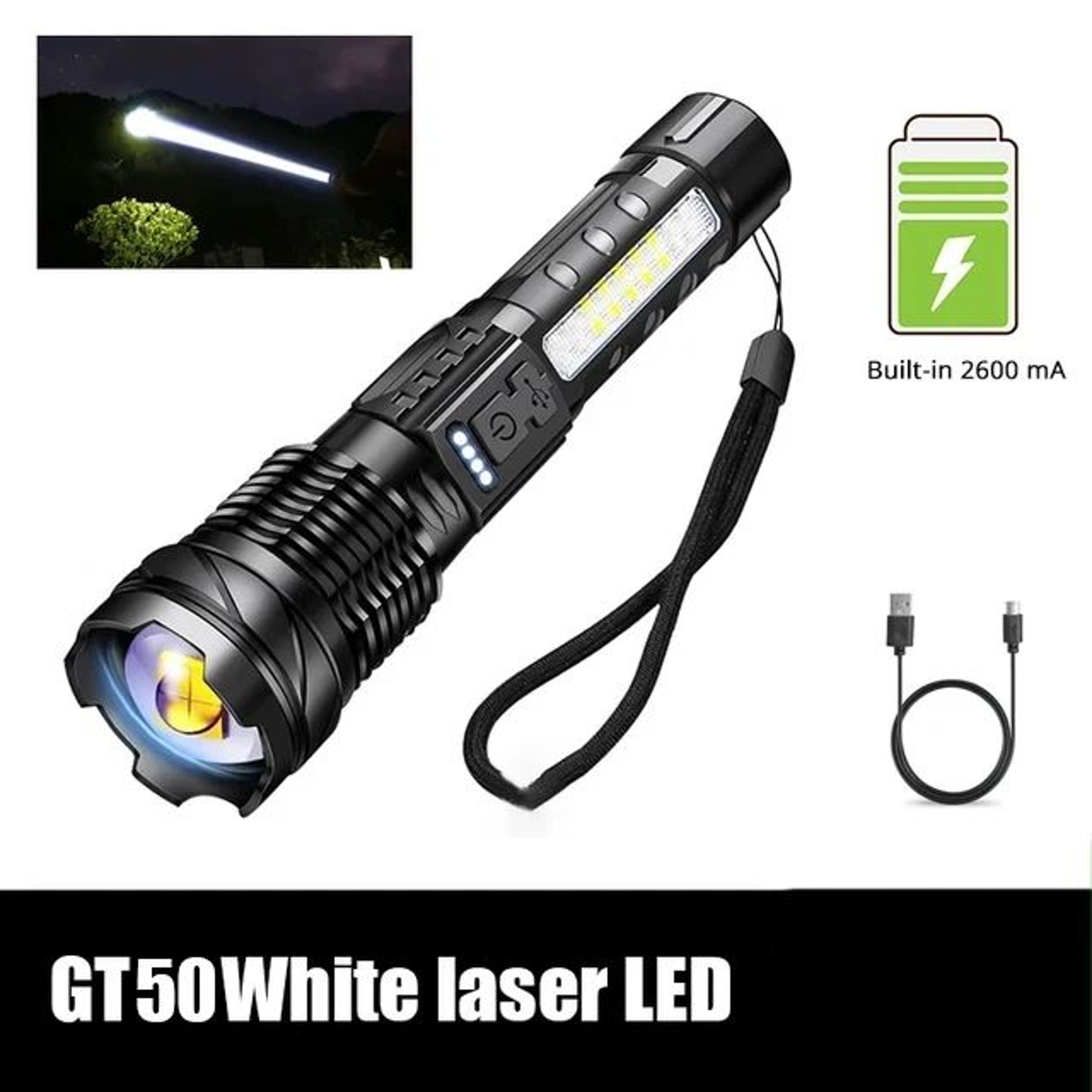XHP50 LED Flashlight 1000LM  Waterproof Zoom Torch W Side Work Light USB Rechargeable 18650 7 Modes 7