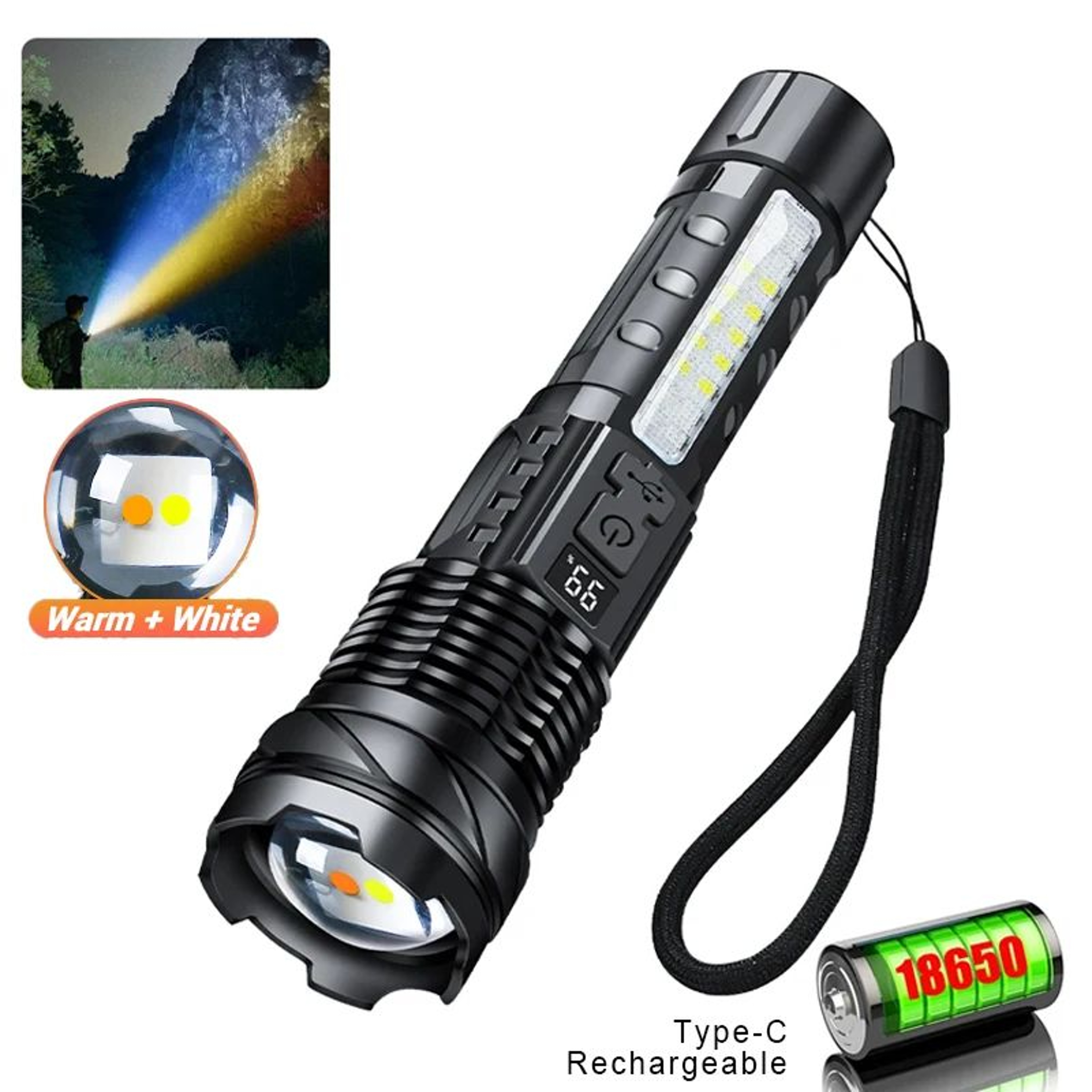 XHP50 LED Flashlight 1000LM  Waterproof Zoom Torch W Side Work Light USB Rechargeable 18650 7 Modes 8