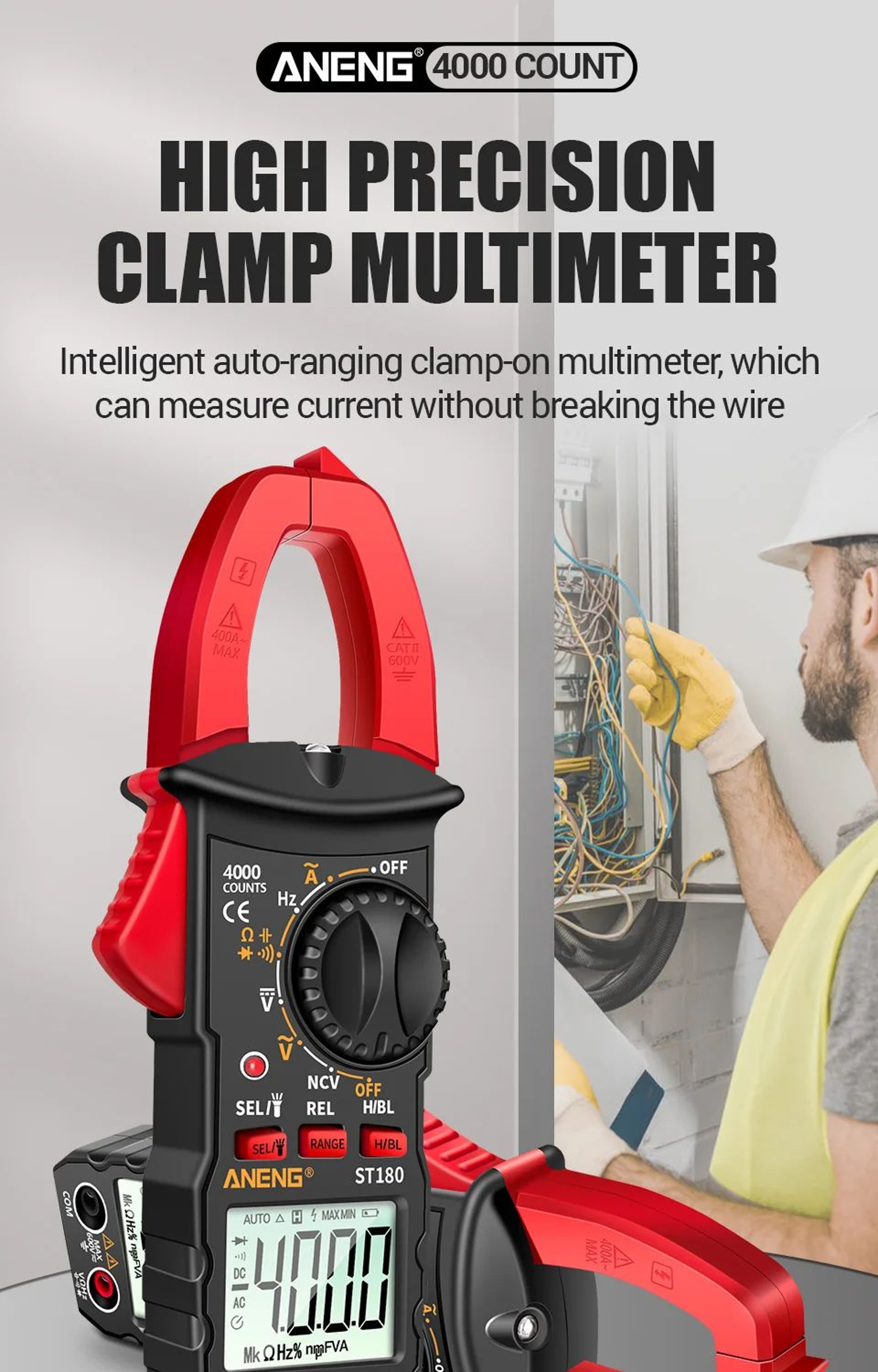 ANENG ST180 Clamp Meter 4000 Count  400A AC Ammeter Multimeter W NCV Hz  Capacitance 600V Tester 6