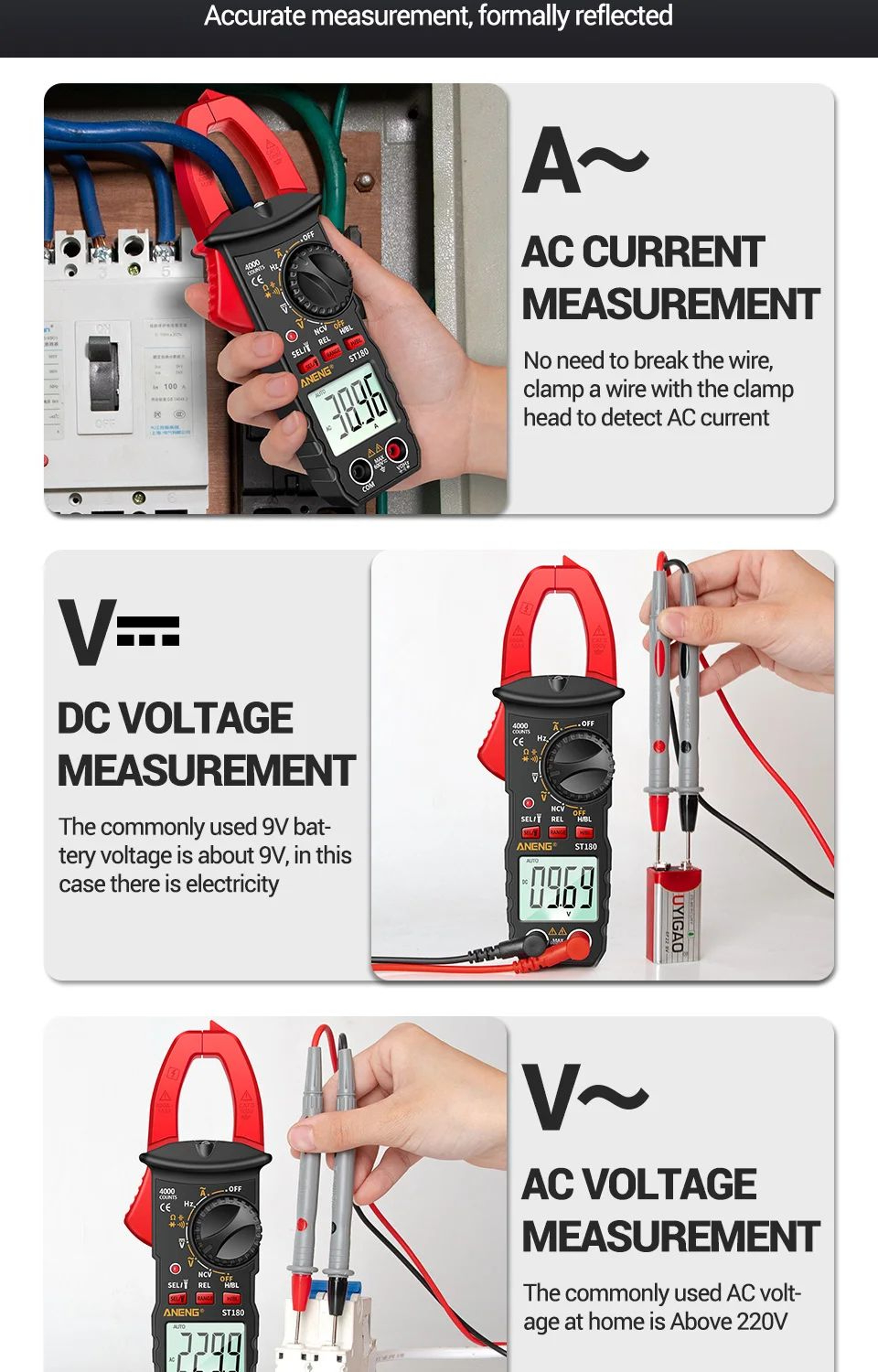 ANENG ST180 Clamp Meter 4000 Count  400A AC Ammeter Multimeter W NCV Hz  Capacitance 600V Tester 9