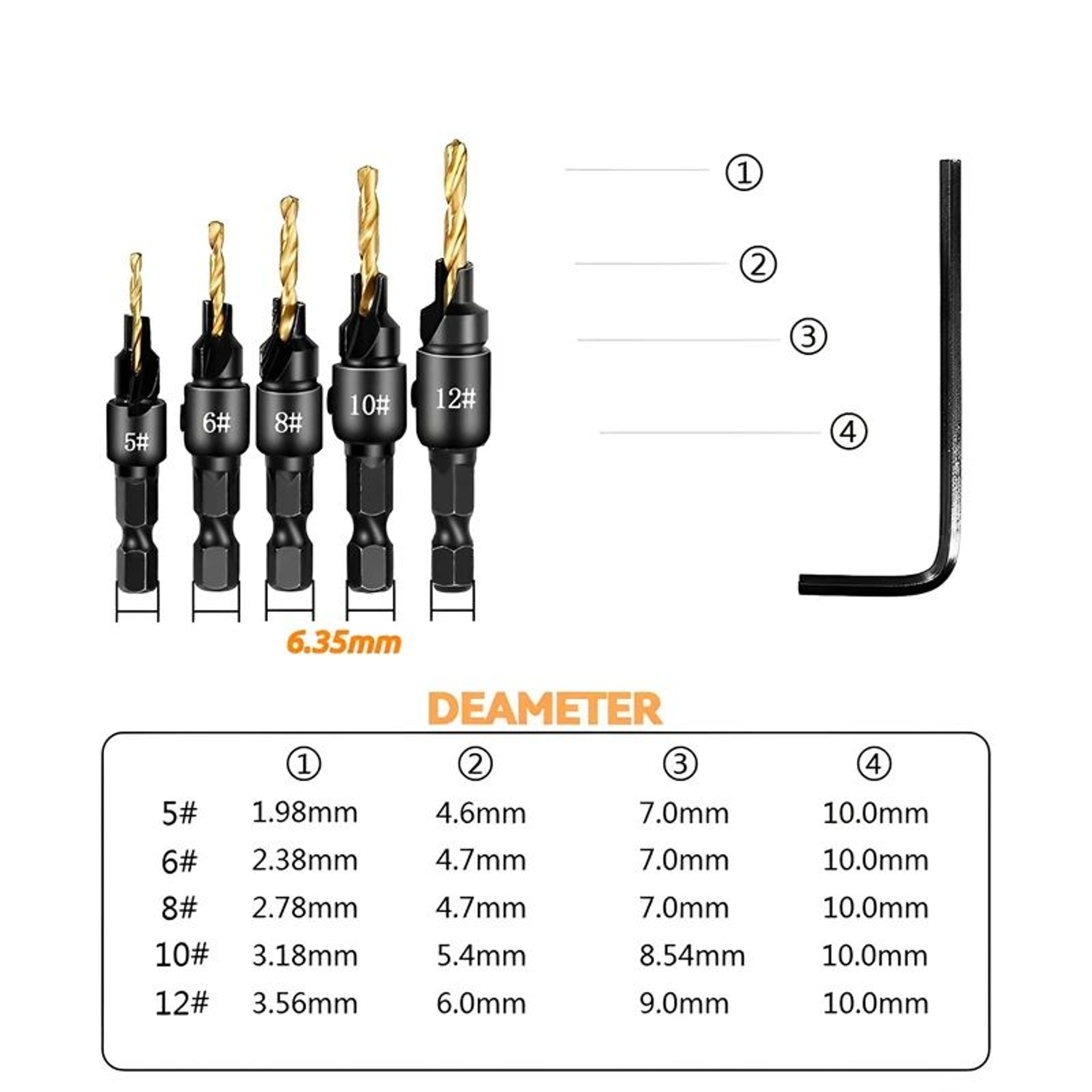 5 Pcs Countersink Drill Bit Set For Wood Screws No5  No12  Adjustable Pilot Hole  Counterbore 14 In 5