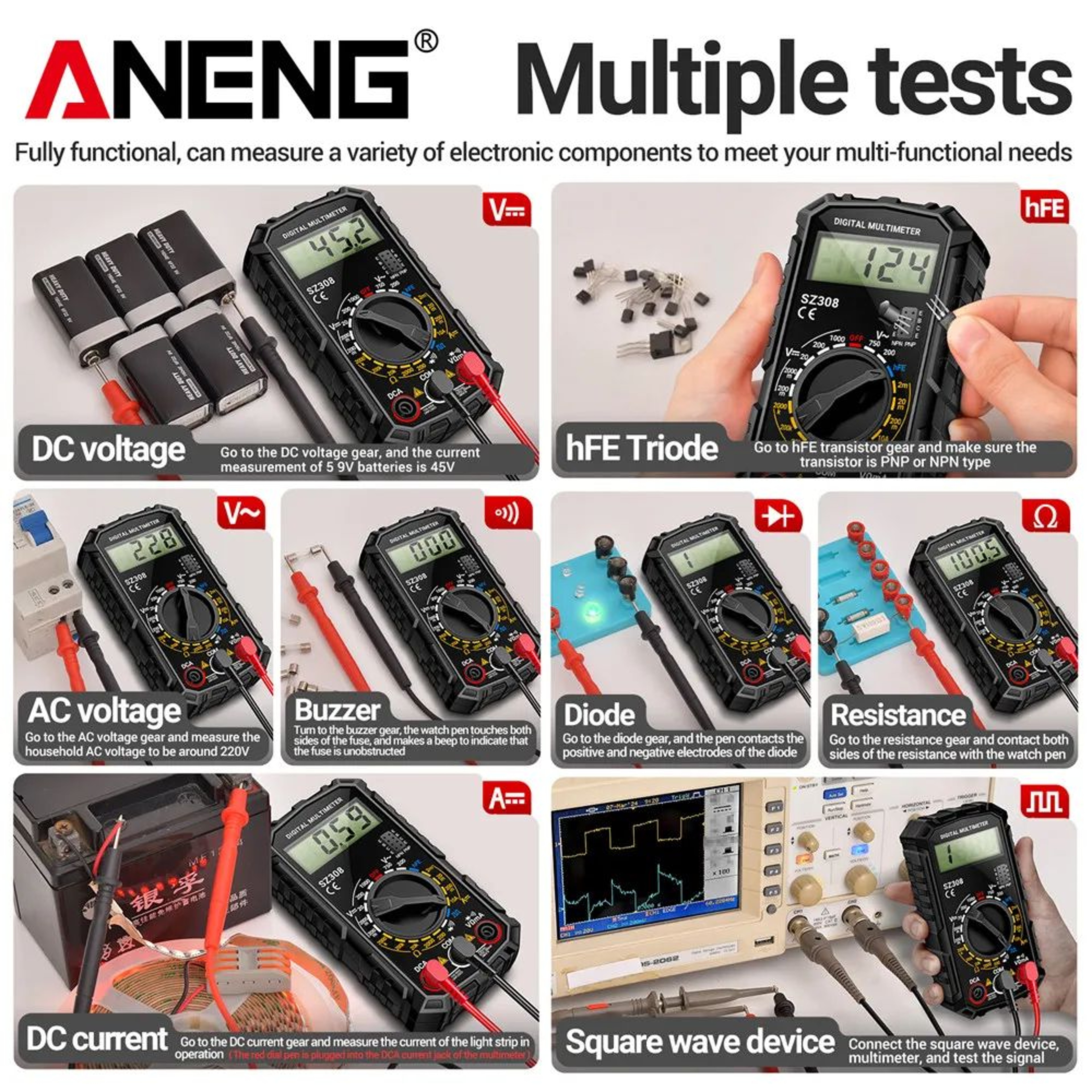 ANENG SZ308 Digital Multimeter  1000V DC750V AC Tester OhmDiodeHFE Backlit LCD For Electricians 3