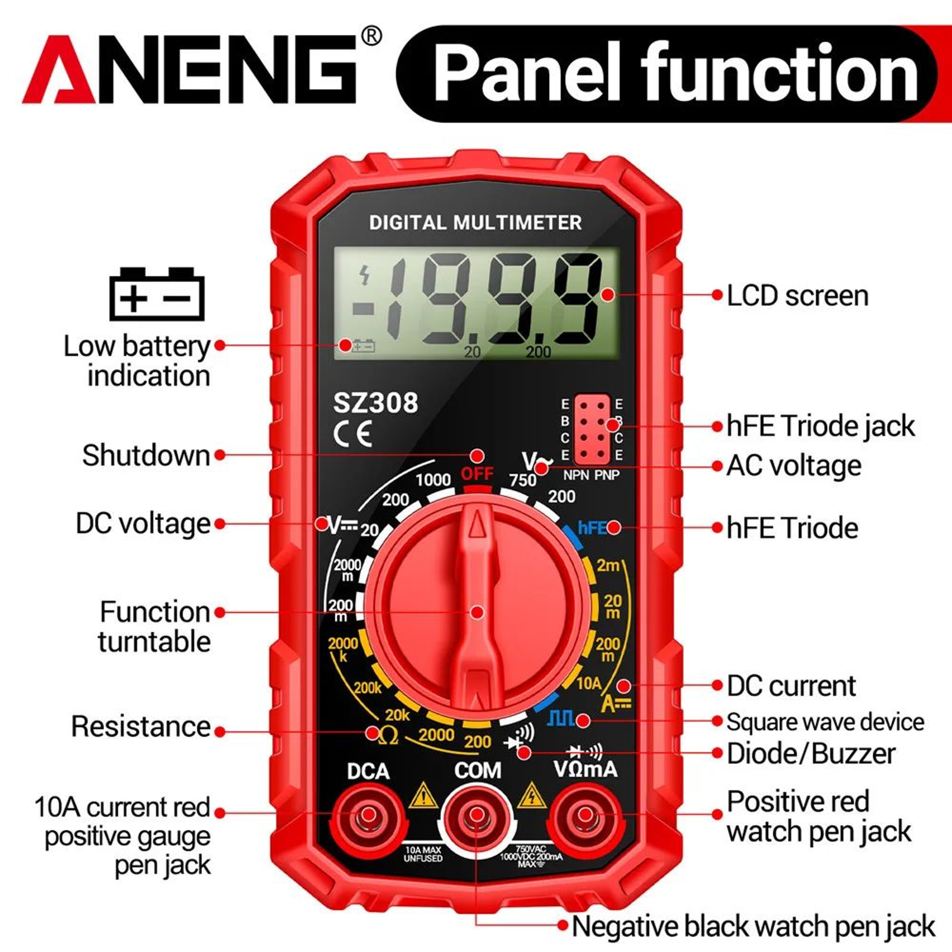 ANENG SZ308 Digital Multimeter  1000V DC750V AC Tester OhmDiodeHFE Backlit LCD For Electricians 4