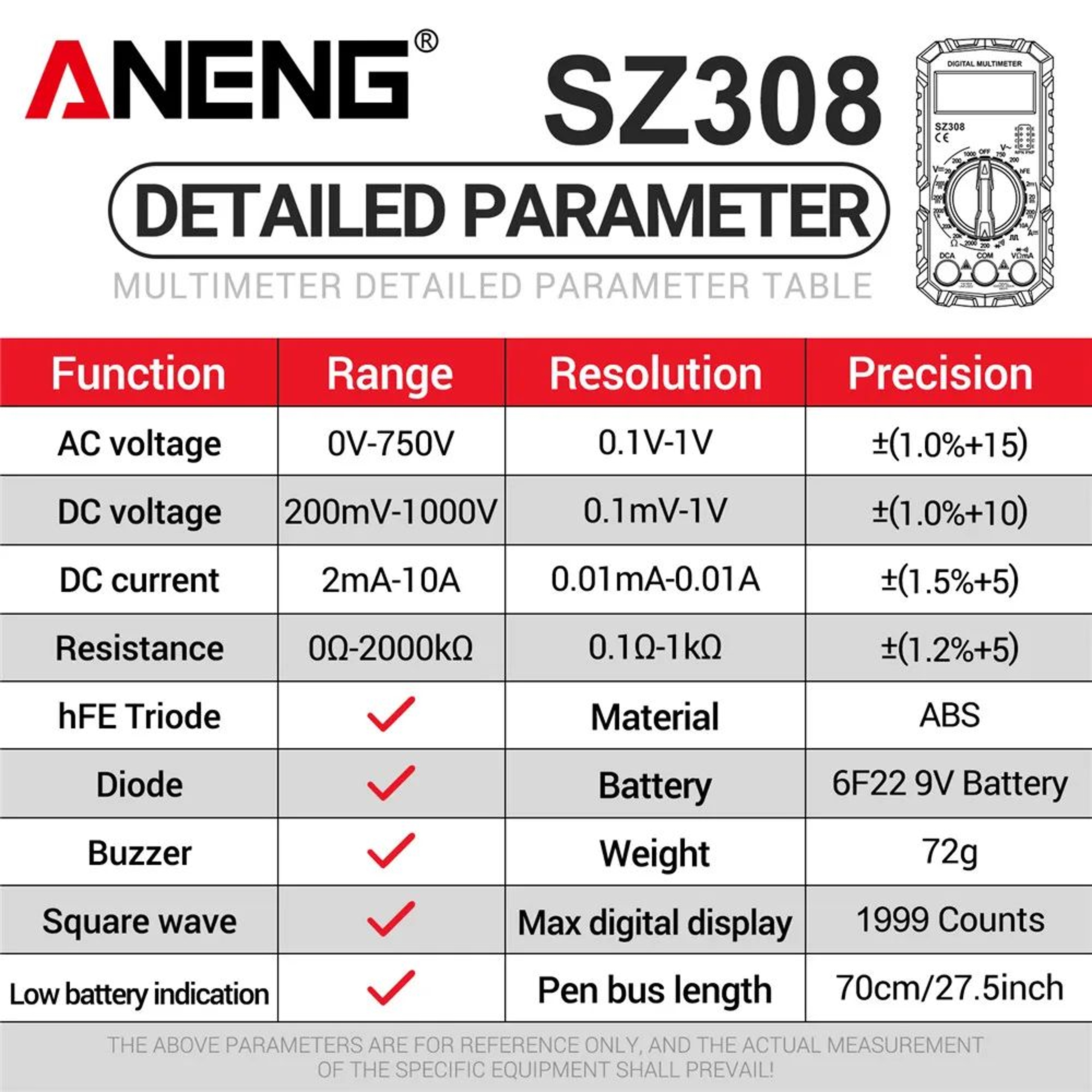 ANENG SZ308 Digital Multimeter  1000V DC750V AC Tester OhmDiodeHFE Backlit LCD For Electricians 5