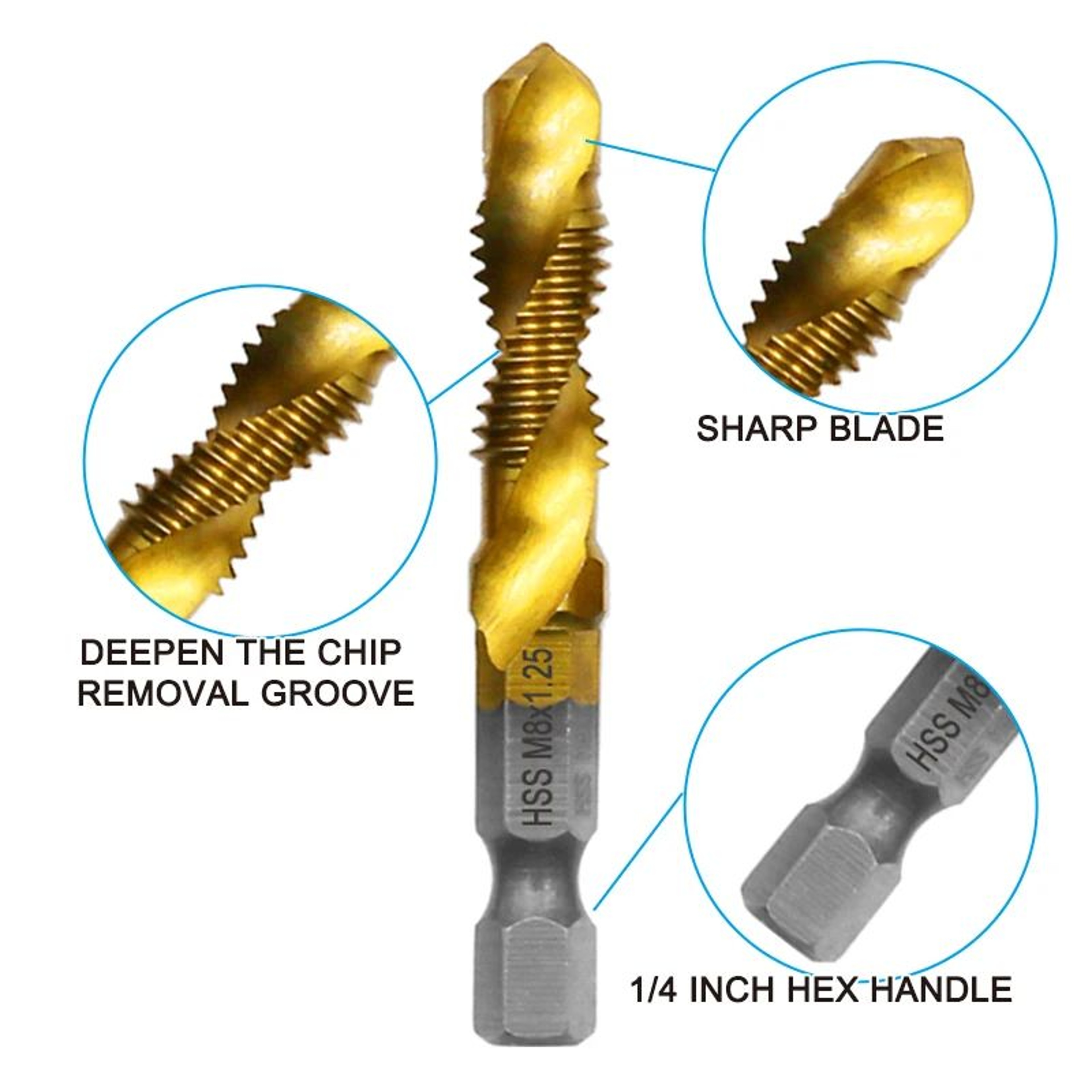 6 Pcs Titanium Plated Drill Tap Set M3M10  High Speed Steel Hex Shank Tap  Drill Combo With Chamfer 8