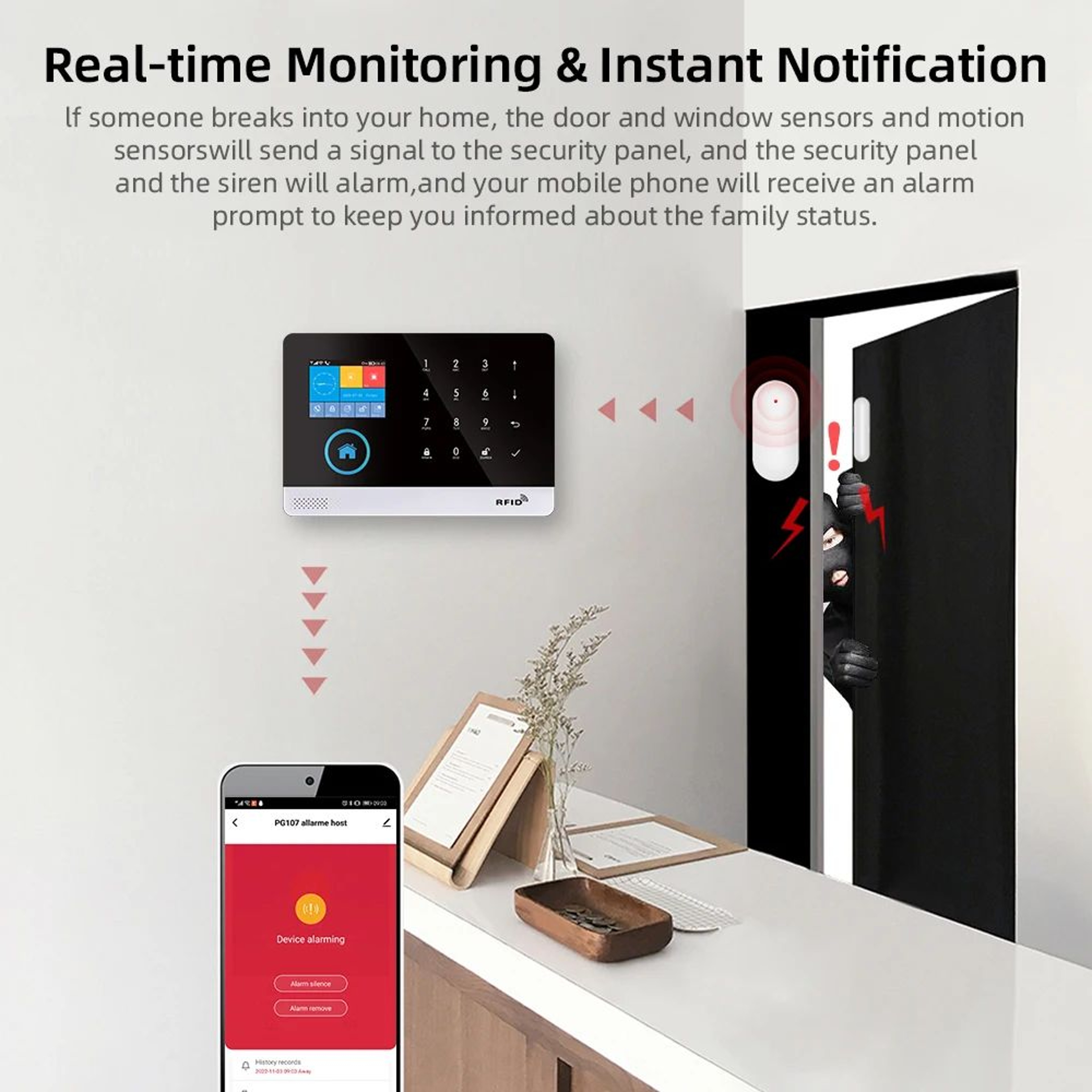 PGST 103 Smart Home Security Alarm System  4G2G GSM WiFi Burglar Alarm With 24 In Screen RFID  PIR  4