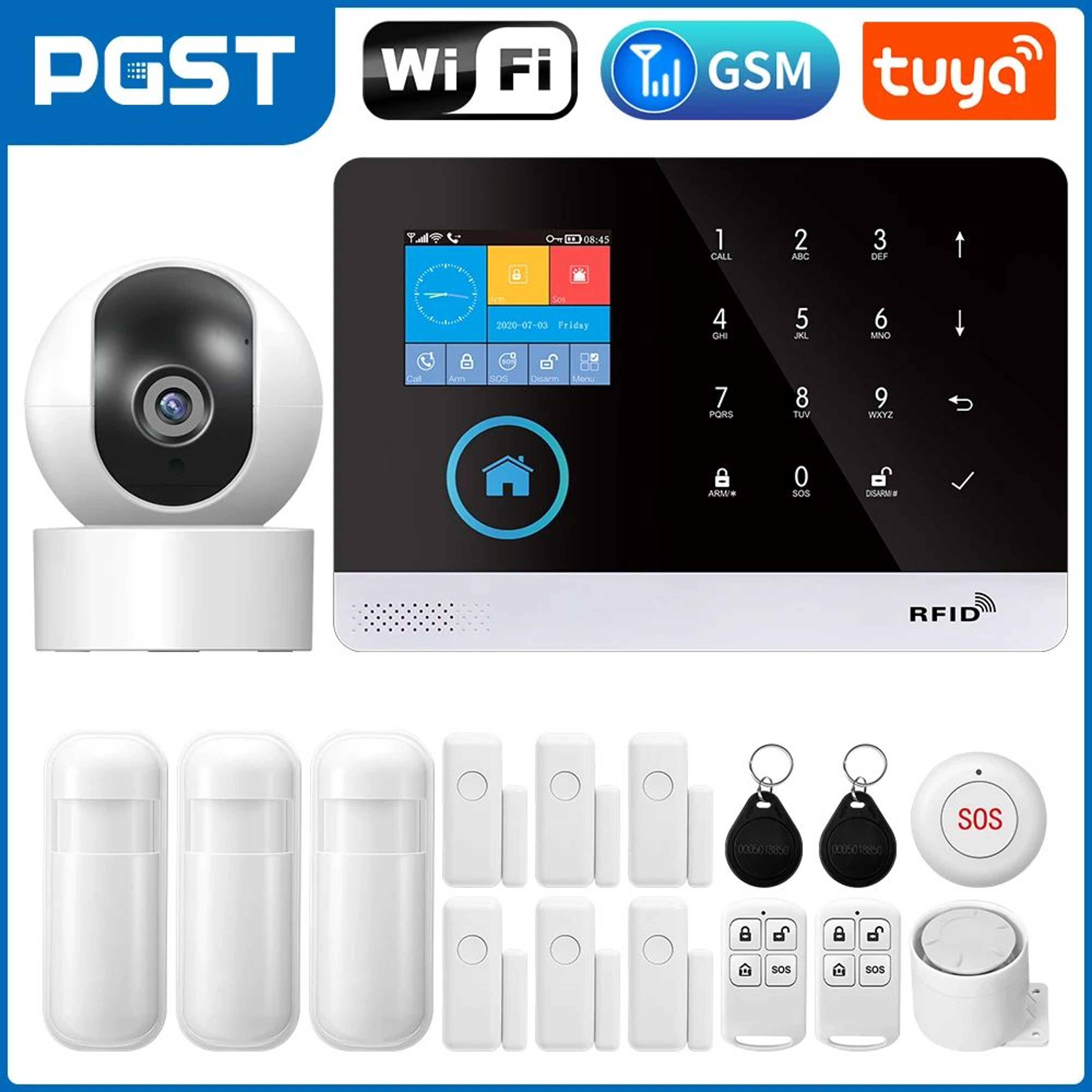 PGST 103 Smart Home Security Alarm System  4G2G GSM WiFi Burglar Alarm With 24 In Screen RFID  PIR  12