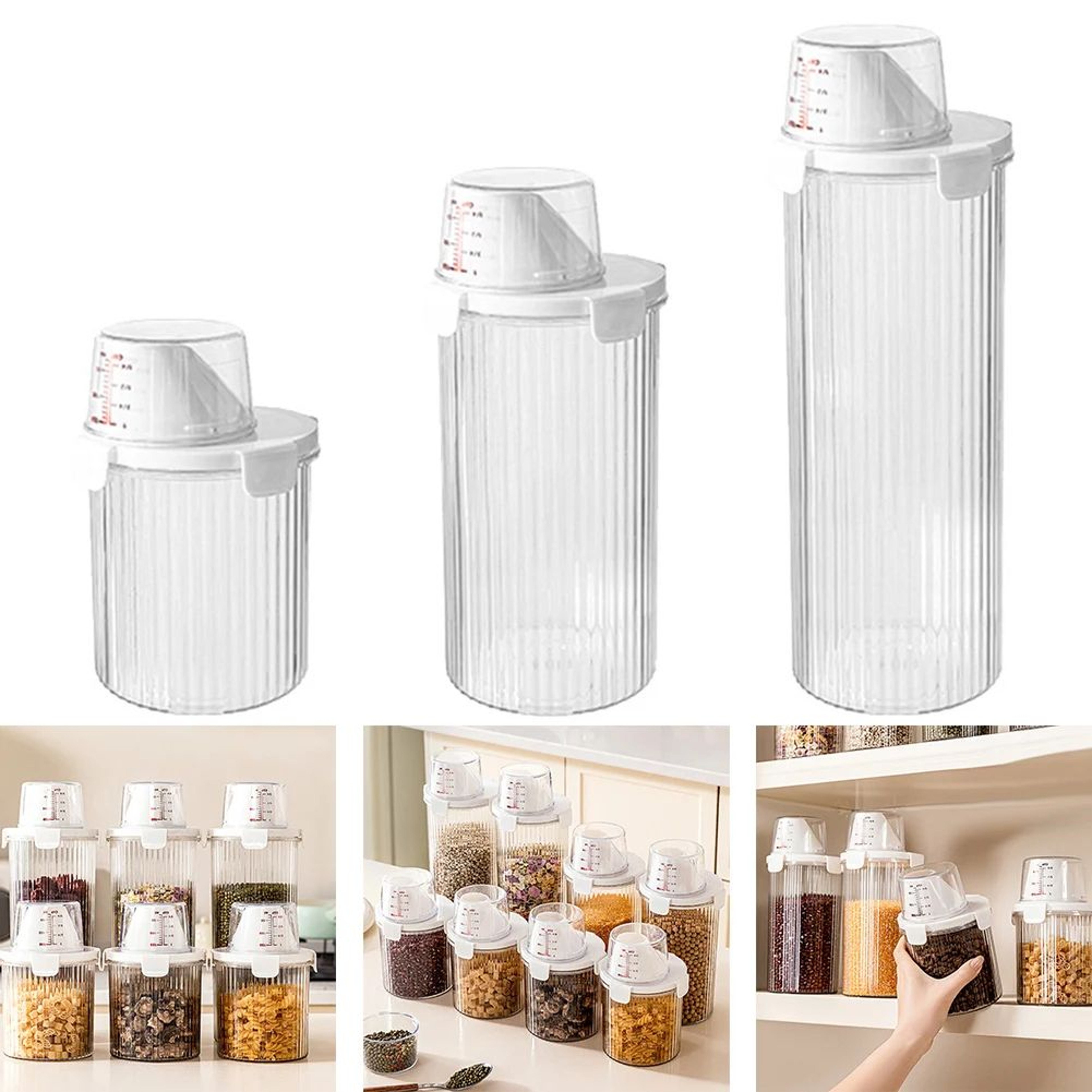 Transparent Food Storage Container With Pour Spout  Measuring Cup Lid  Cereal Sugar Beans Organizer 9