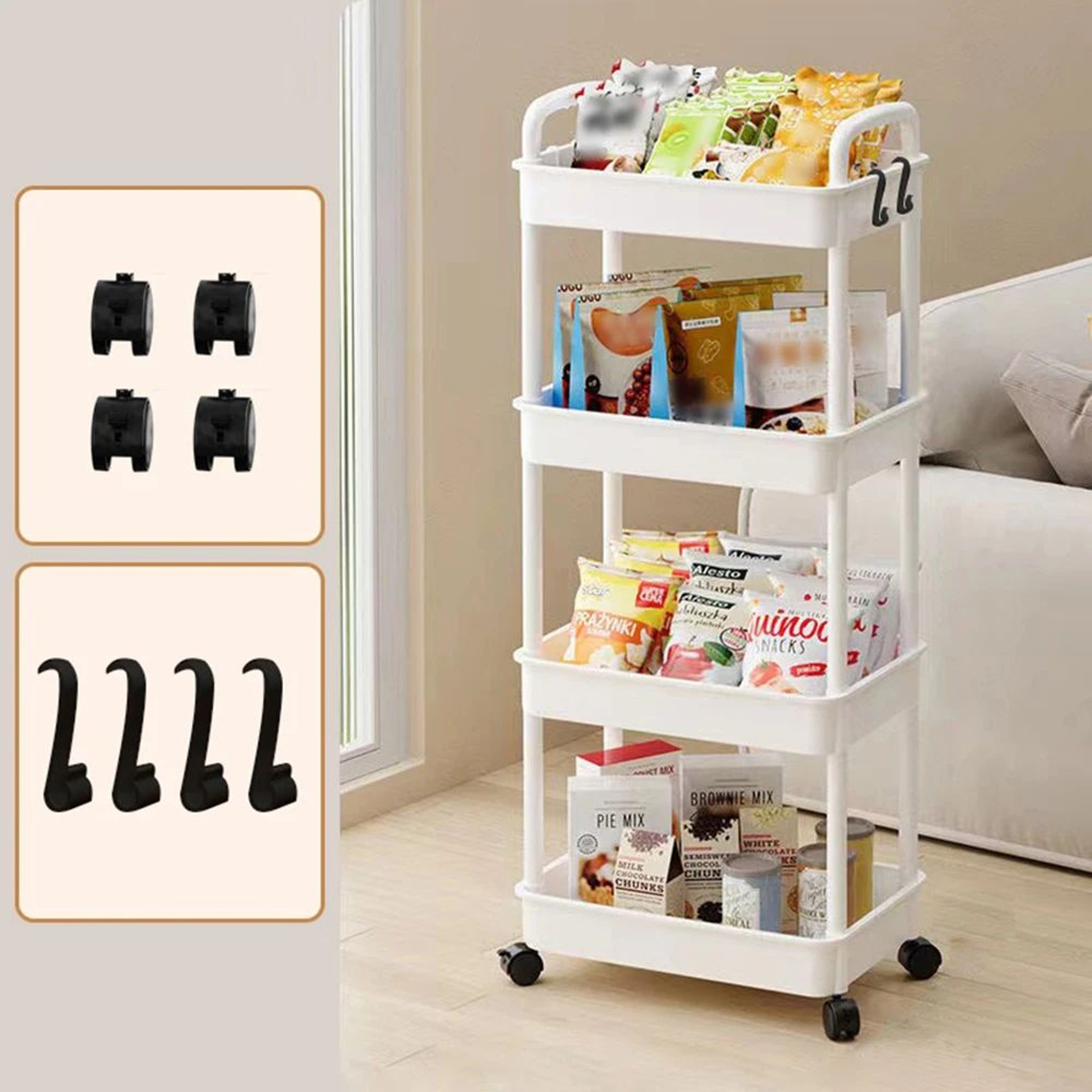 White Rolling Storage Cart 34 Tier  Plastic Mobile Organizer Trolley With Wheels  Hooks For Bathroo 3