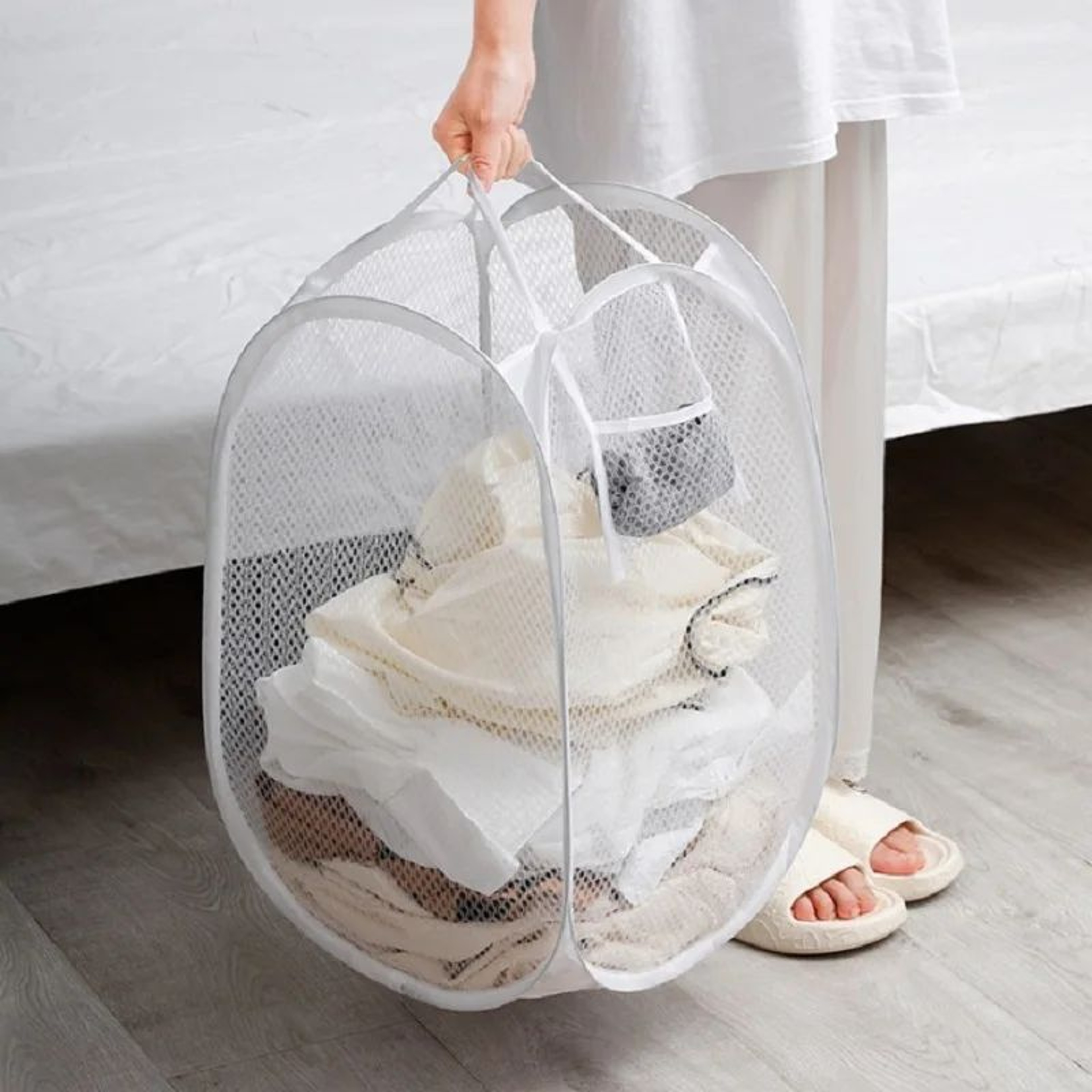 Foldable Mesh Laundry Basket With Handles Portable Breathable Dirty Clothes Hamper For Bedroom  Bat 1