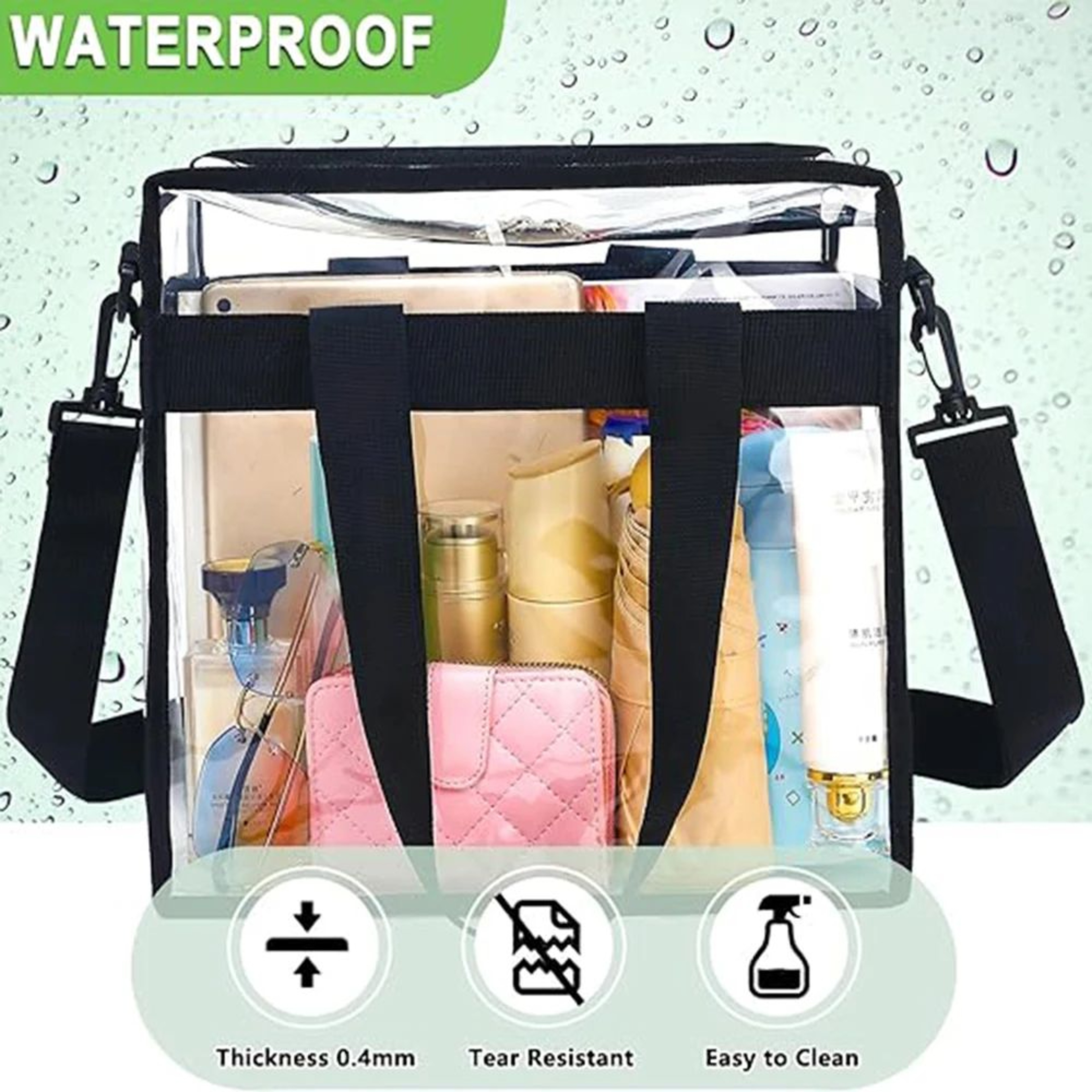 Clear PVC Tote Bag Waterproof Transparent Large Capacity Gym Swim Travel Carryall With Reinforced H 3
