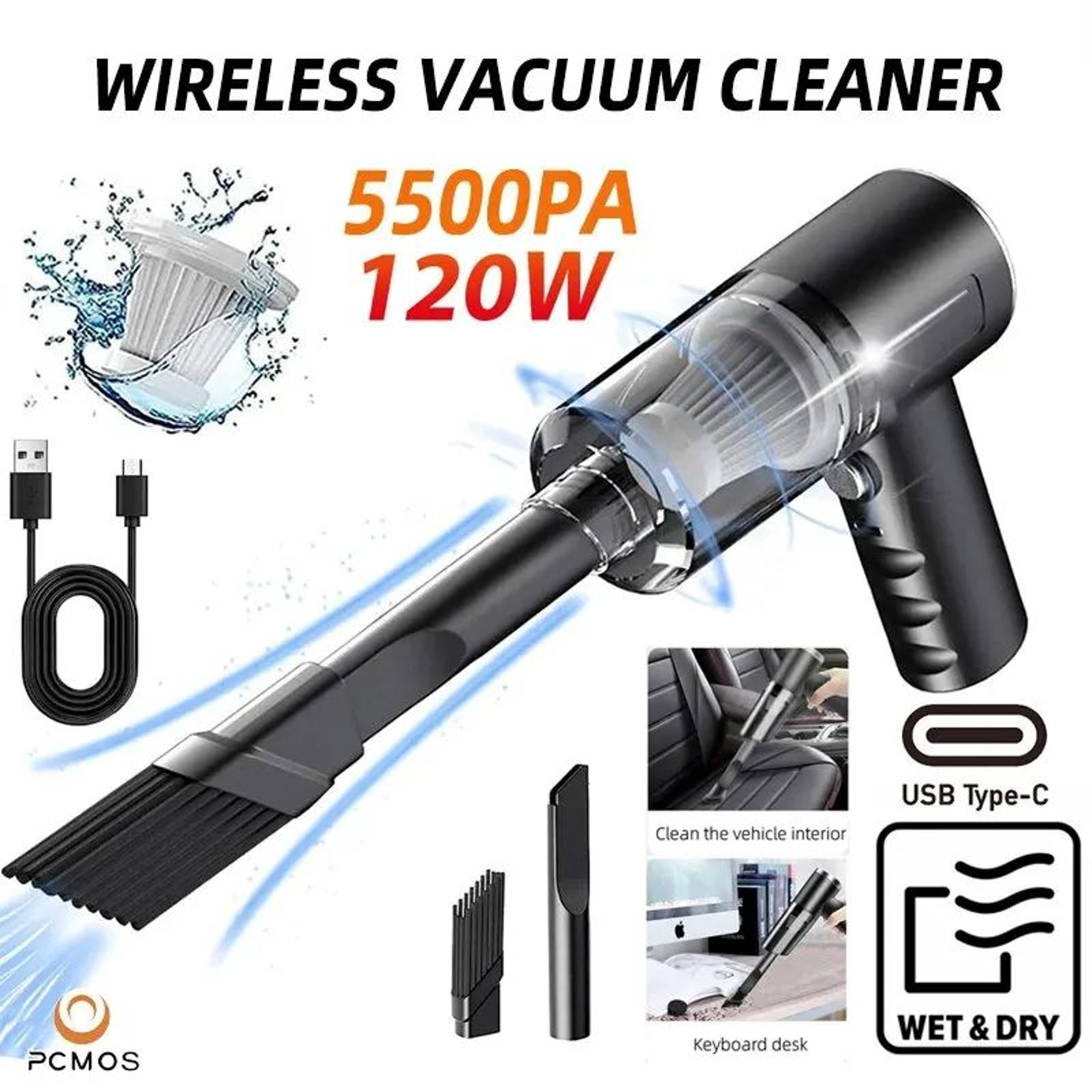 PCMOS Wireless Handheld Vacuum Cleaner For Home And Car Powerful Cordless 5500Pa Suction With Washa 0