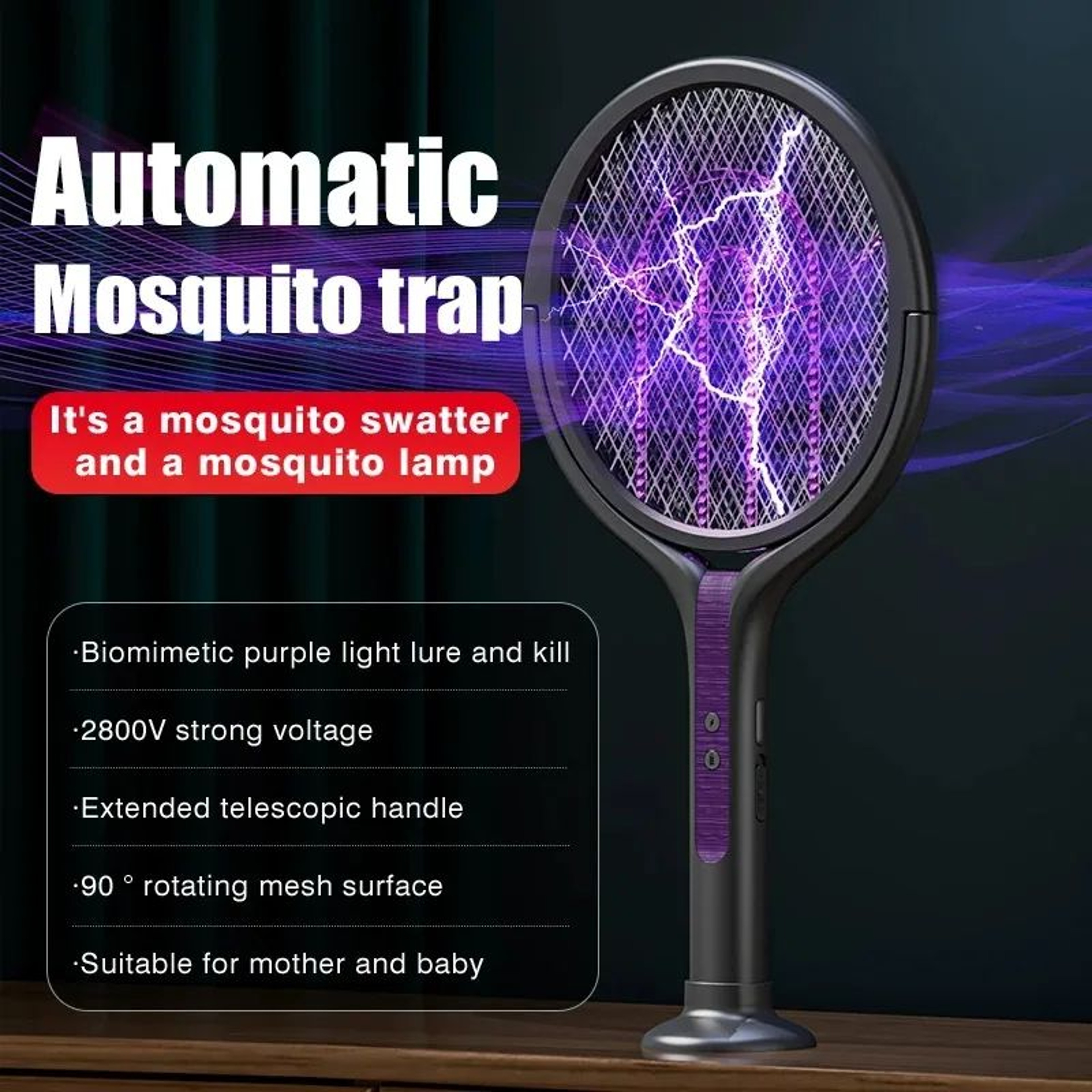 2800V Electric Mosquito Swatter Rechargeable Mosquito Racket With Extension Handle 5Layer Safety Pr 3
