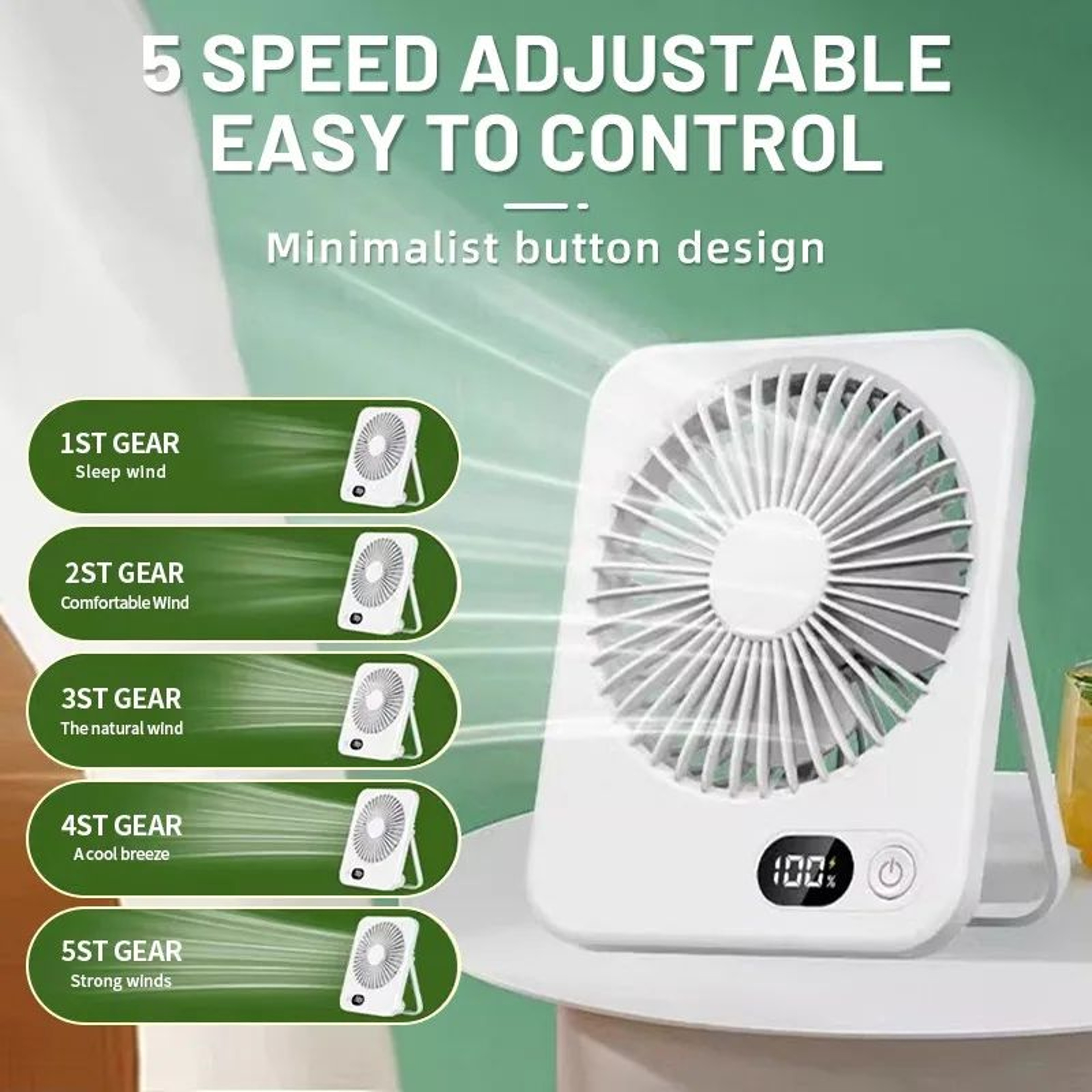 Portable Handheld Fan USB Rechargeable  Mini Desktop Mute Table Fan With Power Display  5Speed Adju 3
