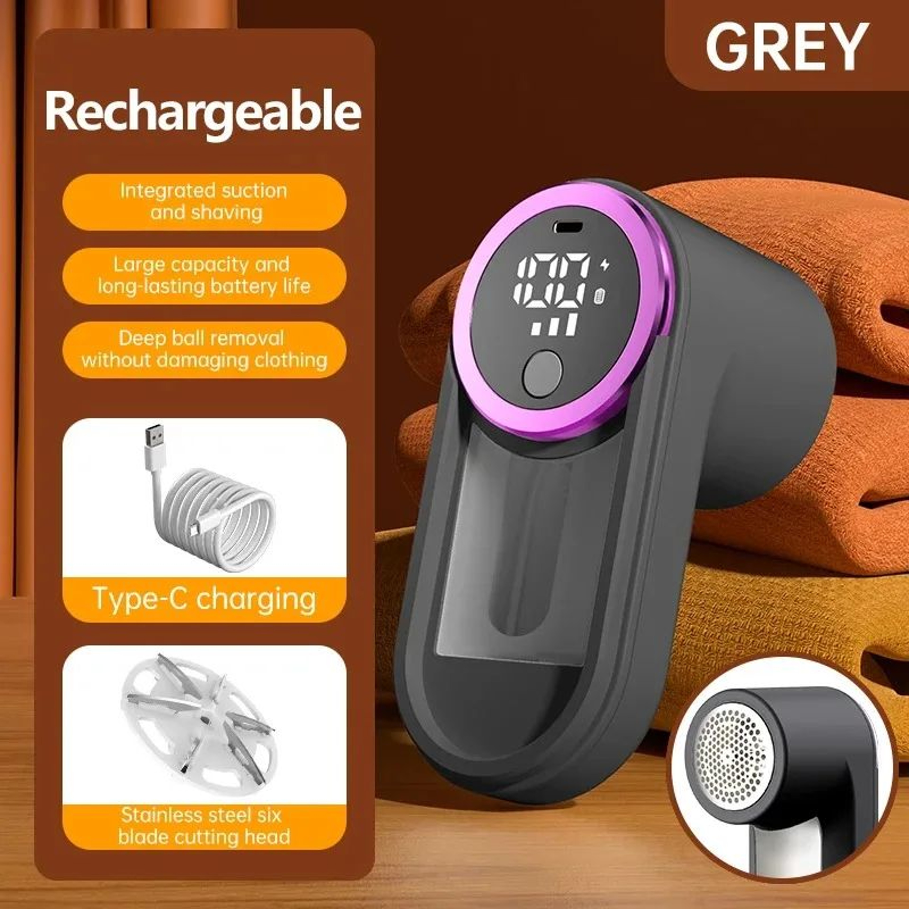 Portable Electric Lint Remover With LED Display  USB TypeC Rechargeable Sweater Shaver Hair Ball Tr 7