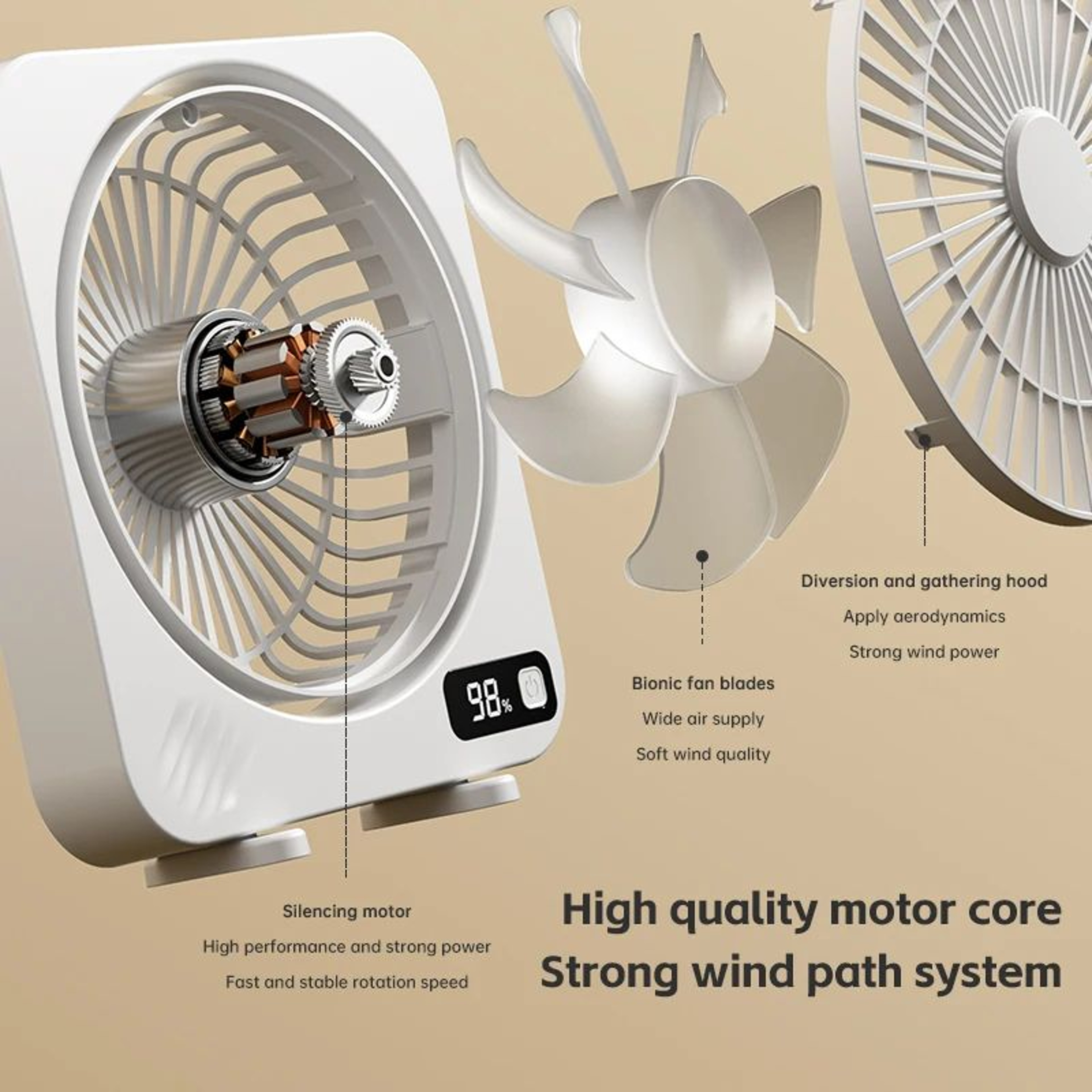 Portable Desktop Air Circulating Fan  Rechargeable Mute Table Fan With Power Display  5Speed Adjust 2