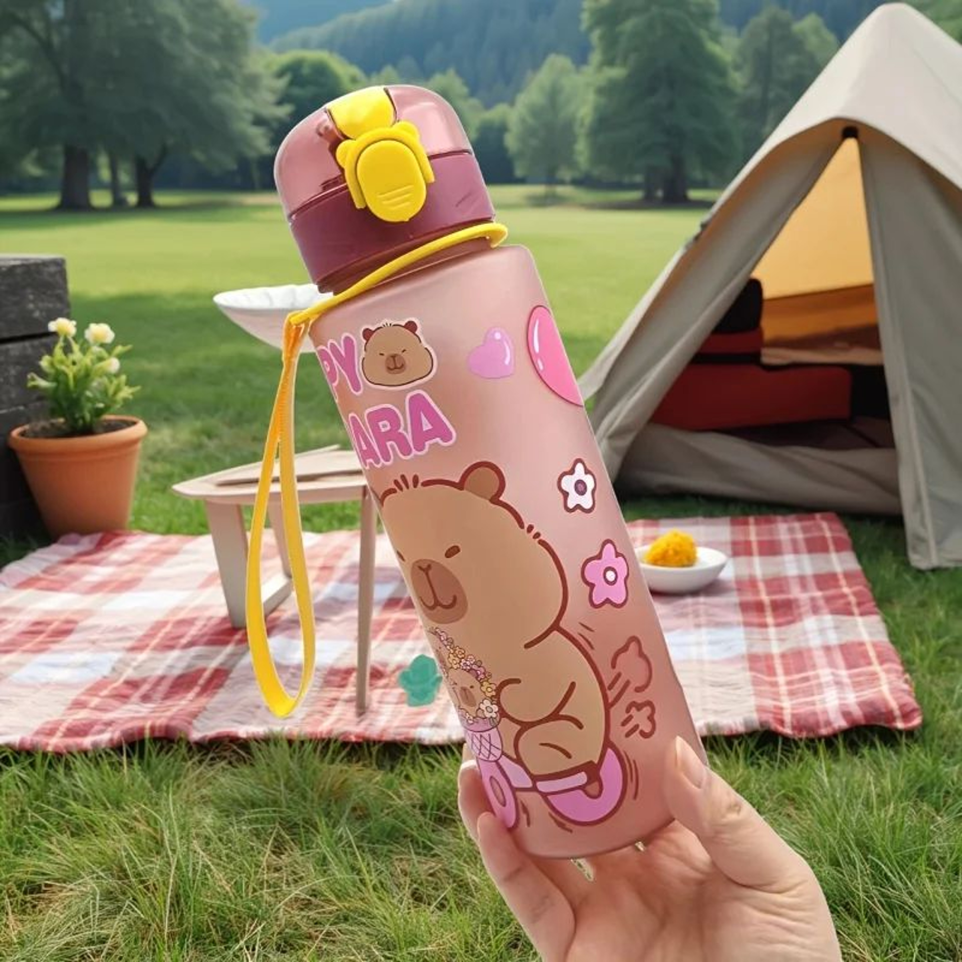 Cute Cartoon Capybara Water Bottle 2536 Oz  Leakproof Plastic Straw Sports Cup With Carry Strap 8
