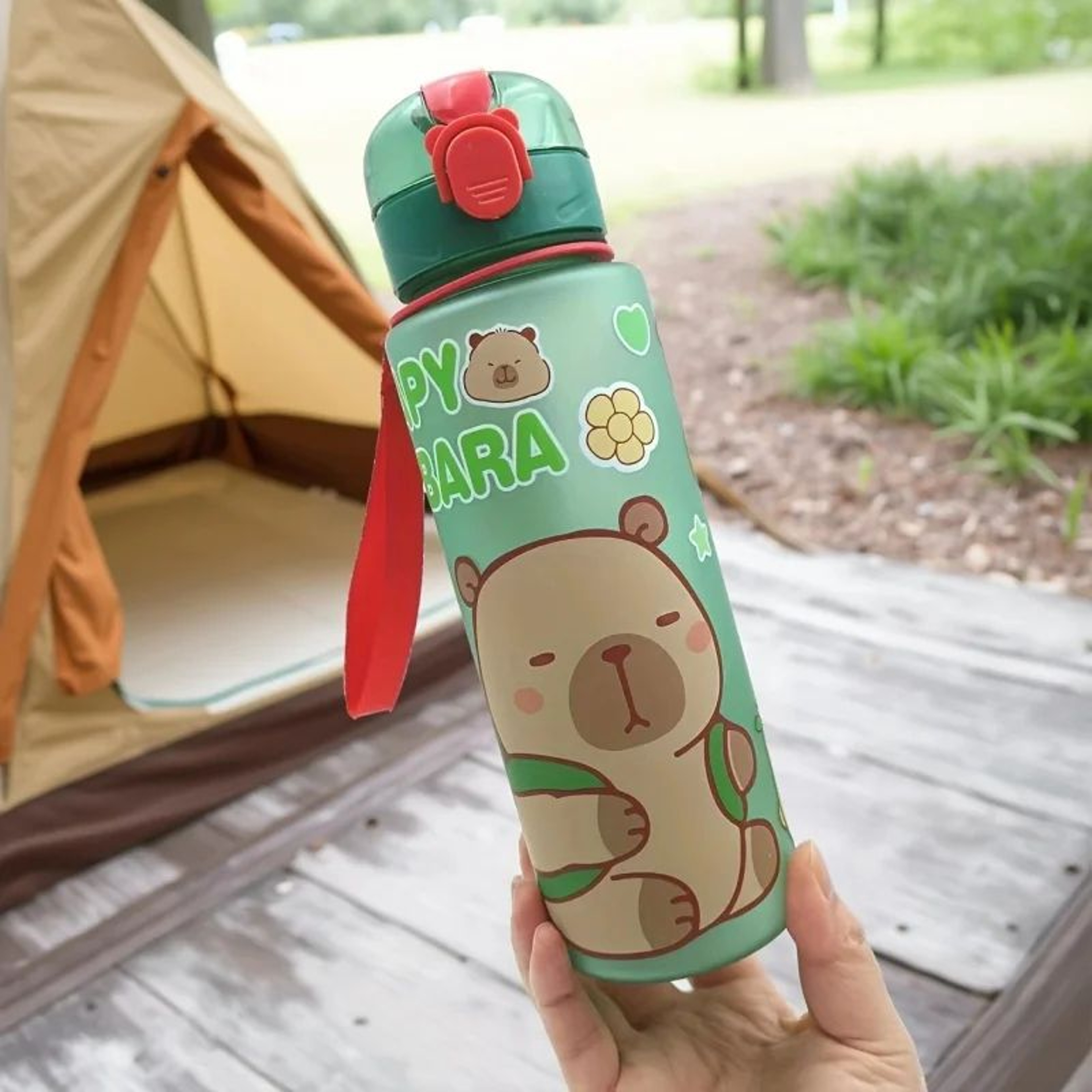 Cute Cartoon Capybara Water Bottle 2536 Oz  Leakproof Plastic Straw Sports Cup With Carry Strap 9