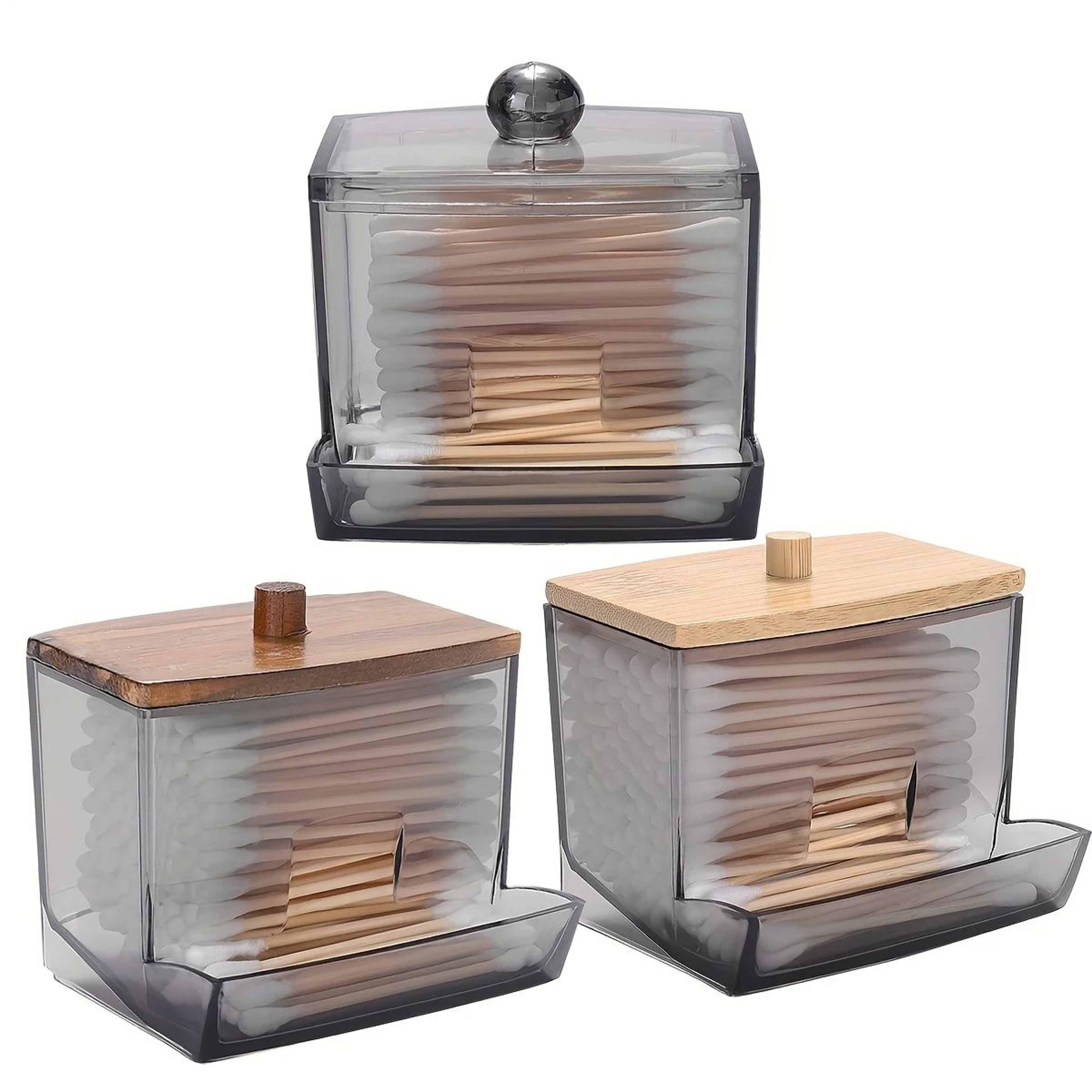 Clear Acrylic Cotton Swab Holder With Bamboo Lid  Bathroom QTip Dispenser Canister 0