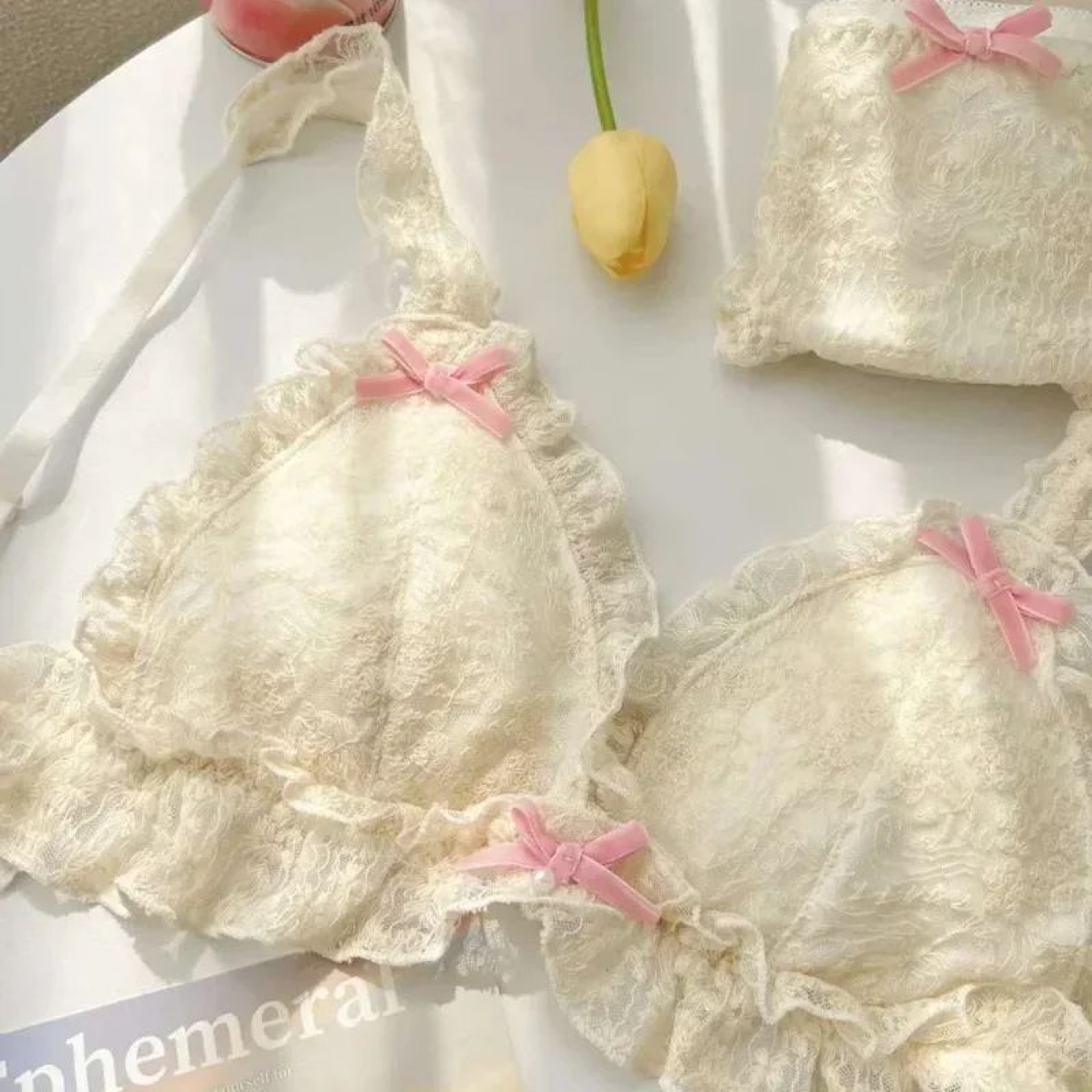 SweetMuse French Retro Lolita Lace Bra Set  Wireless Japanese Style Bra  Panty 1
