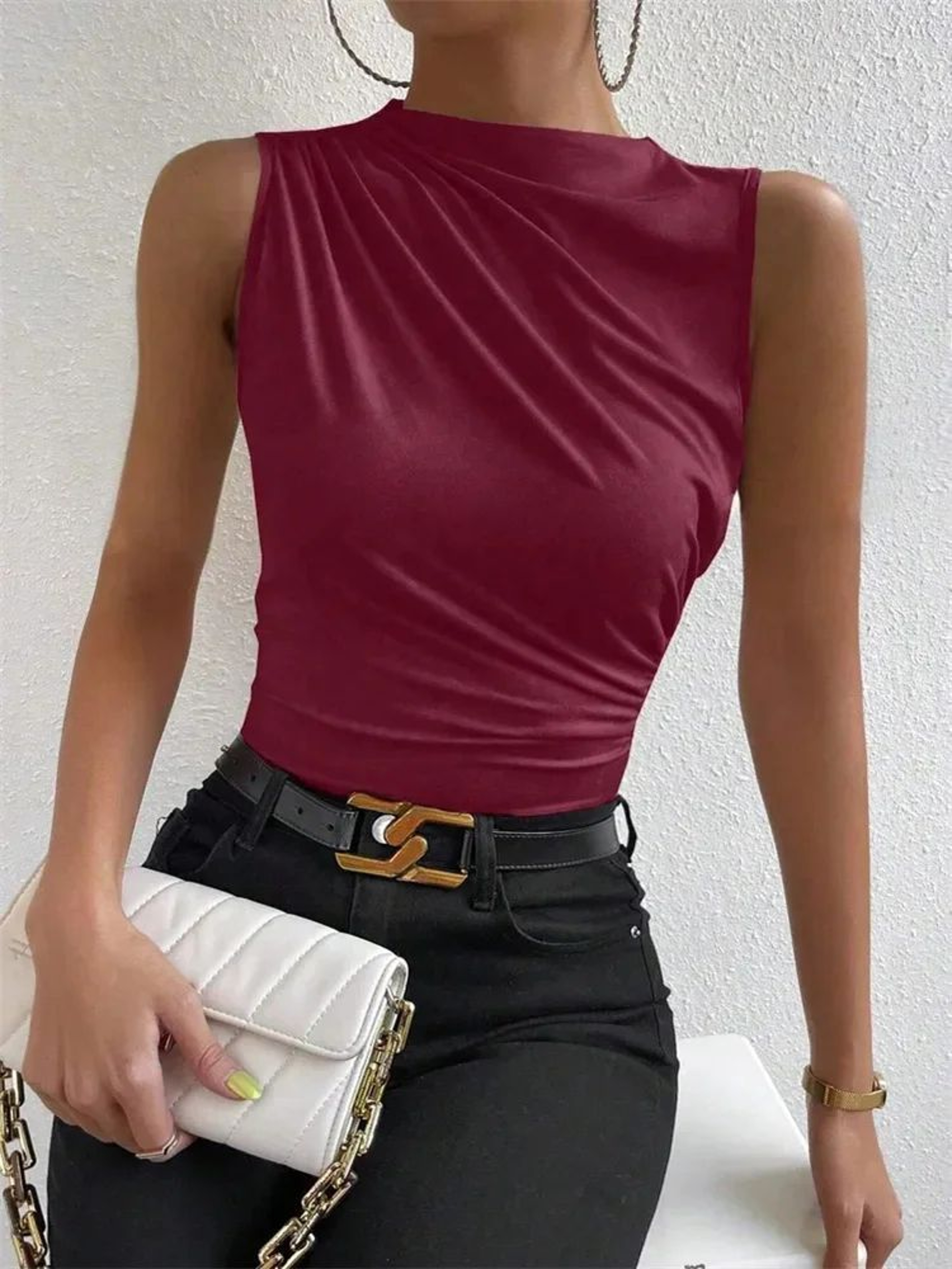 Fashion Mock Neck Ruched Tank Top  Y2K Pleated Sleeveless Summer Tee For Women 9