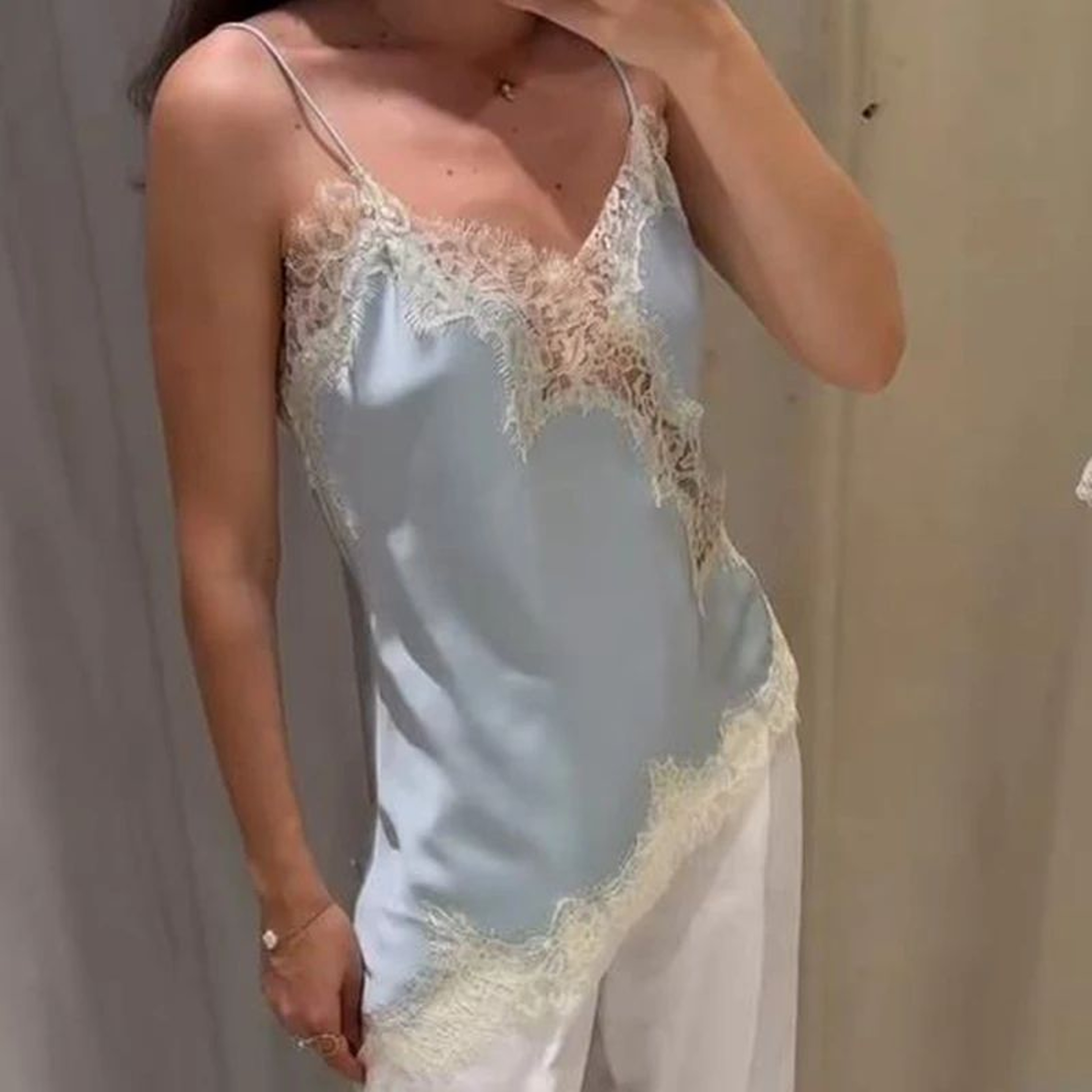 Combhasaki Floral Lace Satin HighLow Cami  Asymmetrical Silk Spaghetti Strap Flowy Top 5