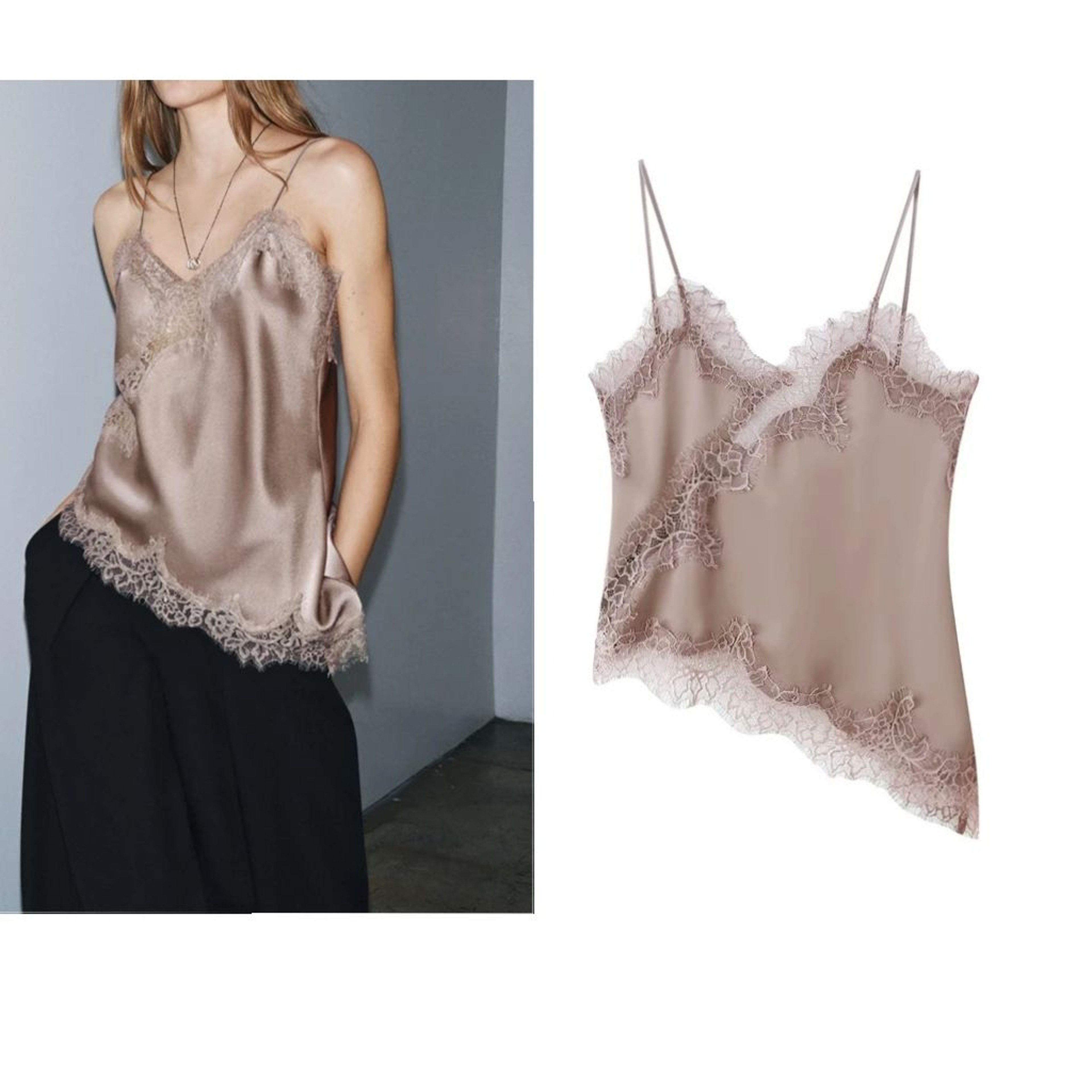 Combhasaki Floral Lace Satin HighLow Cami  Asymmetrical Silk Spaghetti Strap Flowy Top 12